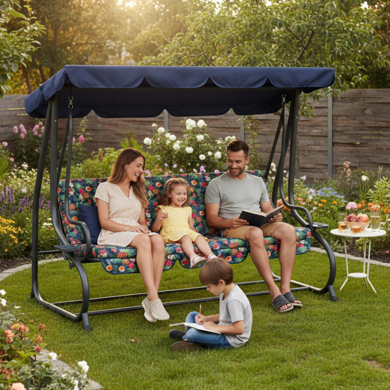 GARDEN SWING WITH CANOPY ROCKING FREESTANDING 2in1 FOLDING PILLOWS Packaging status original