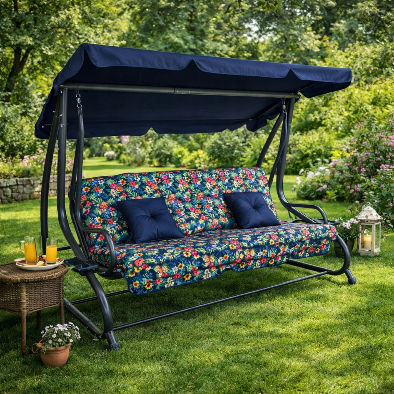 GARDEN SWING WITH CANOPY ROCKING FREESTANDING 2in1 FOLDING PILLOWS Seat length 185 cm