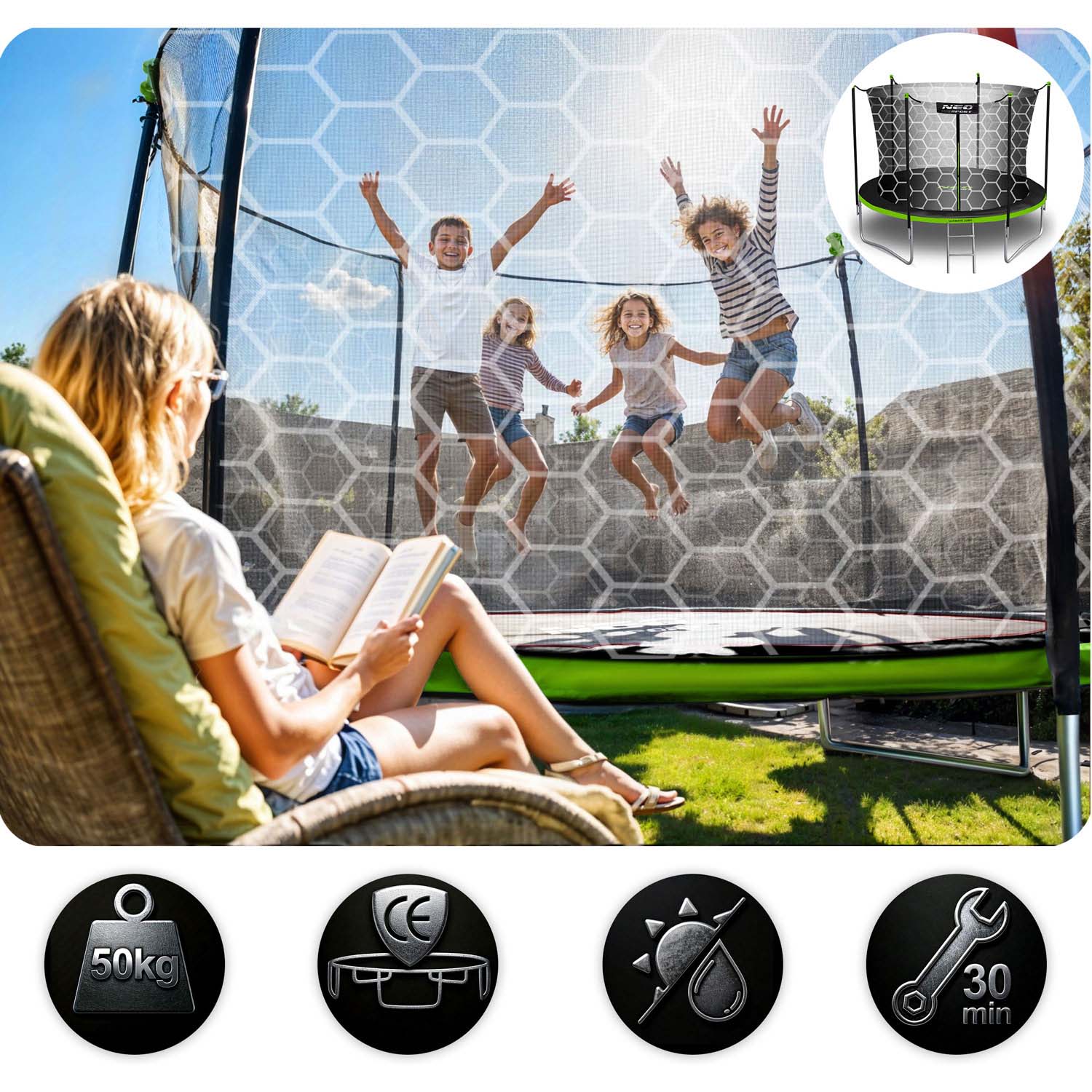 GARDEN TRAMPOLINE 6ft/183cm + LADDER INTERNAL MESH NEO-SPORT Height from ground level 45 cm