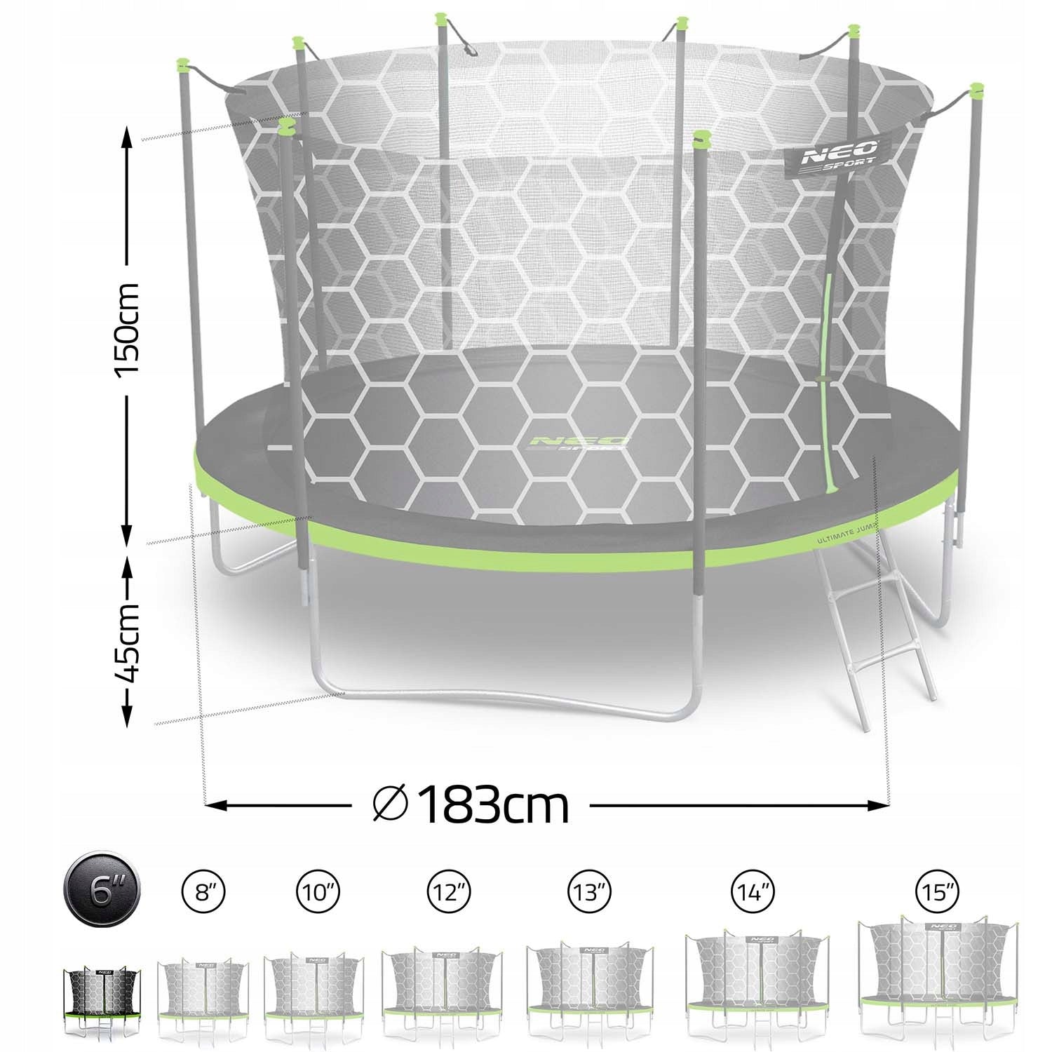 GARDEN TRAMPOLINE 6ft/183cm + LADDER INTERNAL MESH NEO-SPORT Net height 150 cm