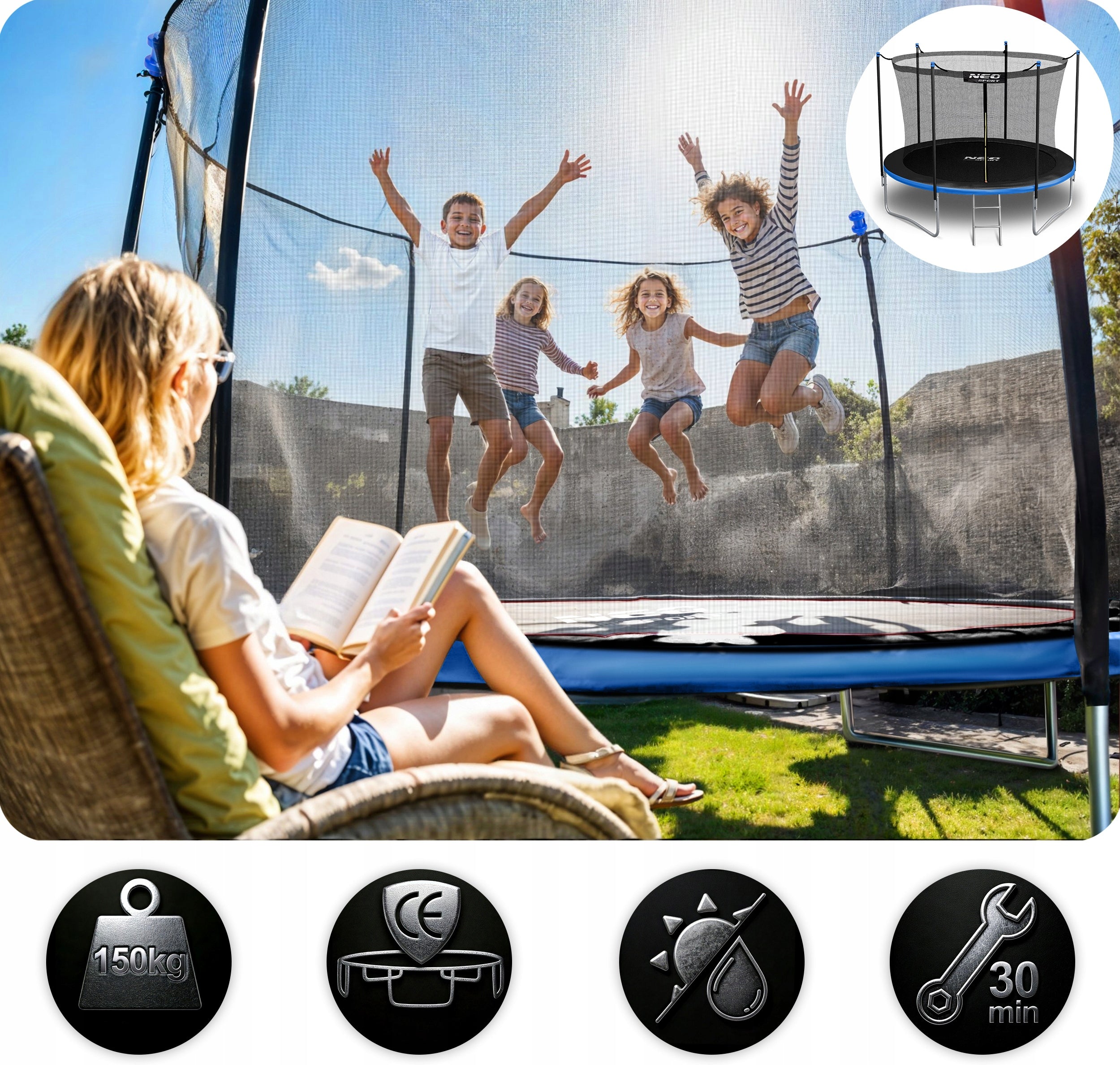 GARDEN TRAMPOLINE FOR CHILDREN 312cm 10ft + LADDER INNER MESH Number of springs/ropes 54
