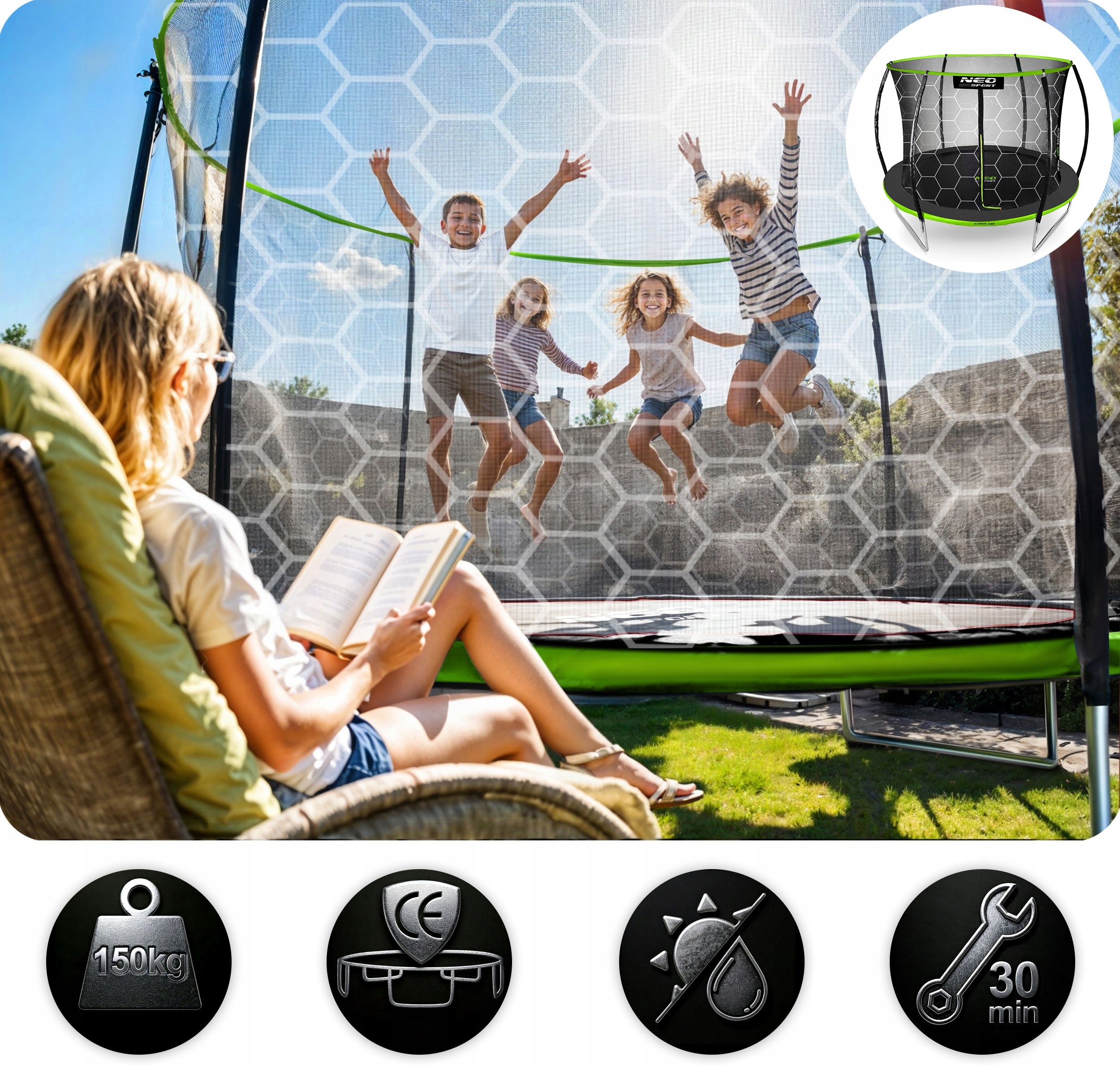 GARDEN TRAMPOLINE FOR CHILDREN 312cm NEOSPORT SOLID SAFE 10ft Height from ground level 65 cm