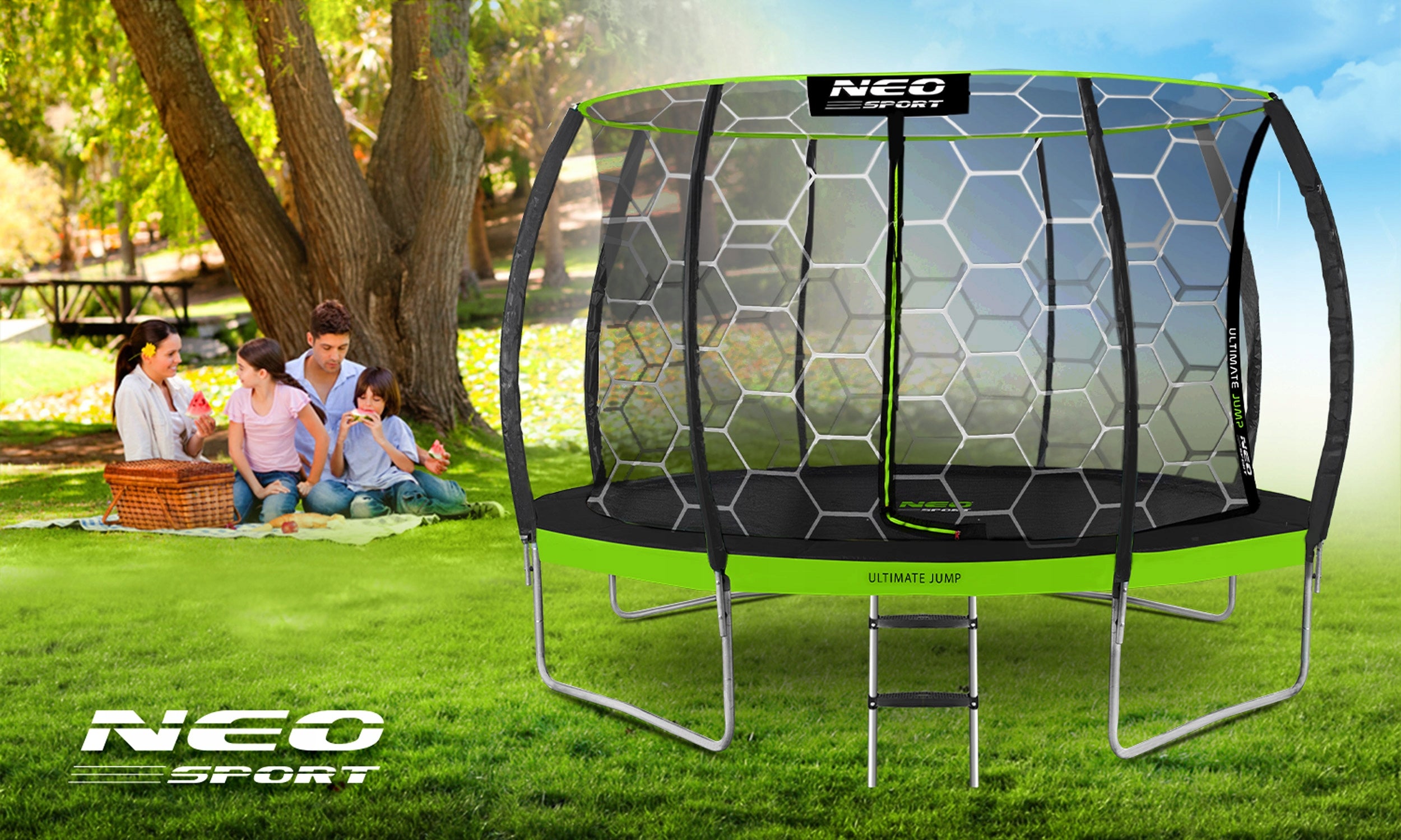 GARDEN TRAMPOLINE FOR CHILDREN WITH INNER MESH 435cm 14ft NEOSPORT Total height 260 cm