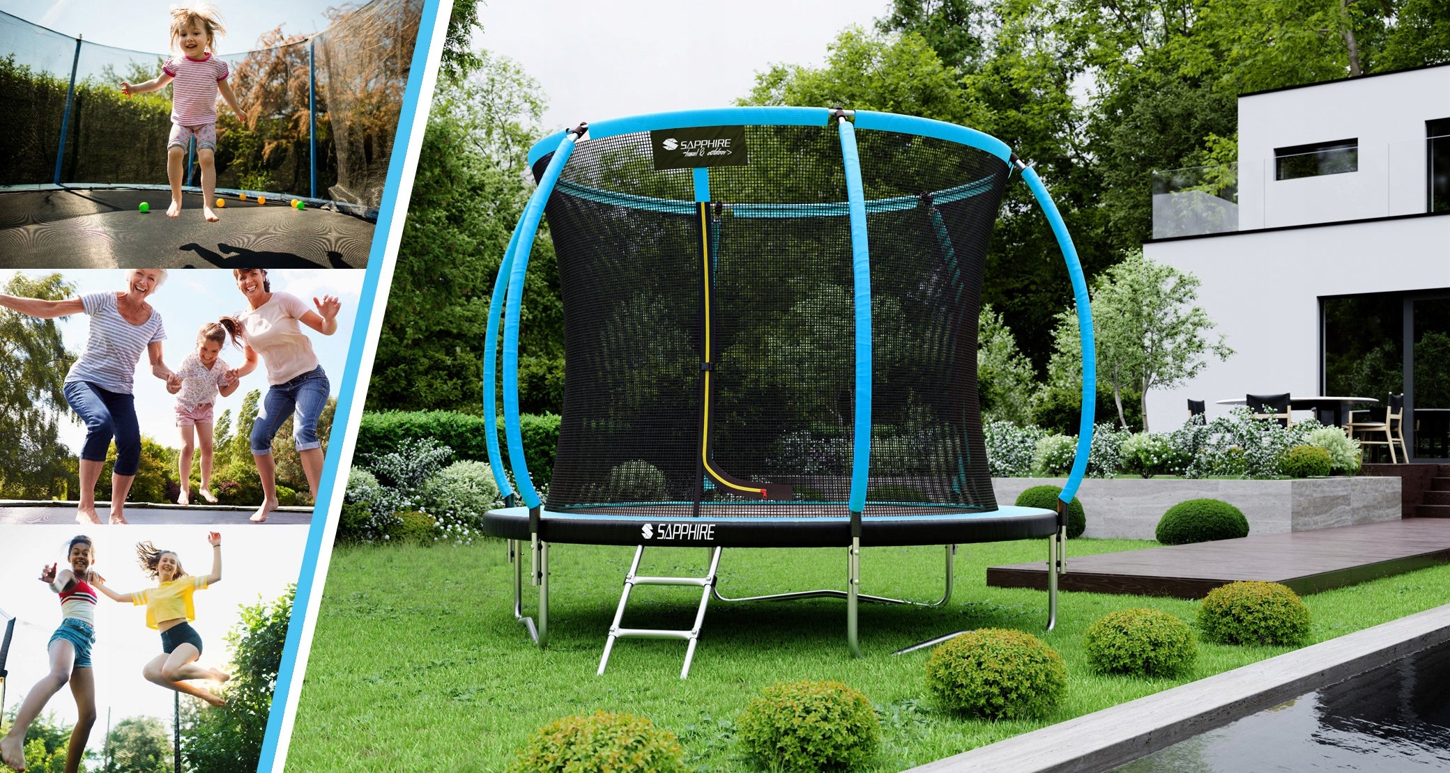 GARDEN TRAMPOLINE HOME LARGE STRONG with mesh 8FT FOR CHILDREN ladder 252 Brand Sapphire