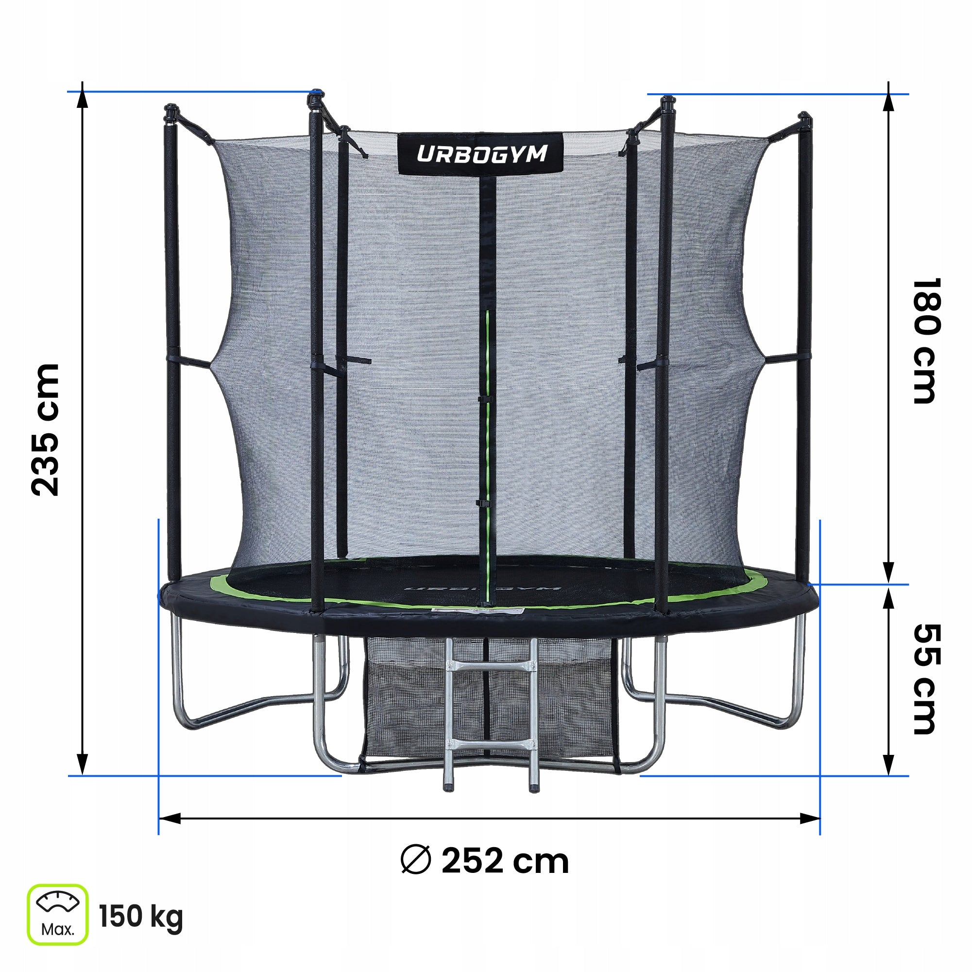 GARDEN TRAMPOLINE WITH INDOOR NET FOR CHILDREN'S GARDEN 8 FT 252 CM Total height 235 cm