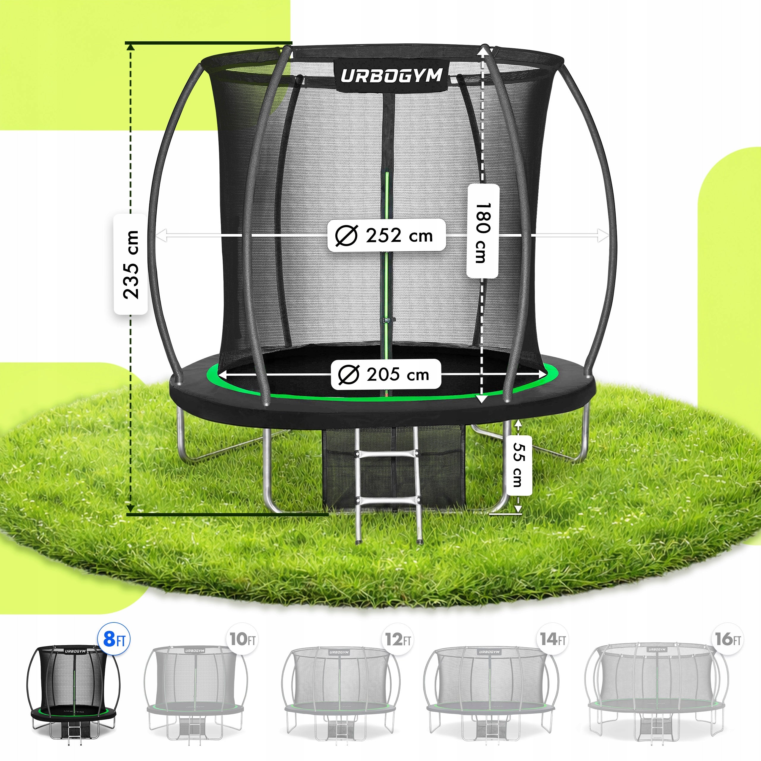 GARDEN TRAMPOLINE WITH INDOOR NET FOR CHILDREN'S GARDEN 8FT 252CM Total height 235 cm