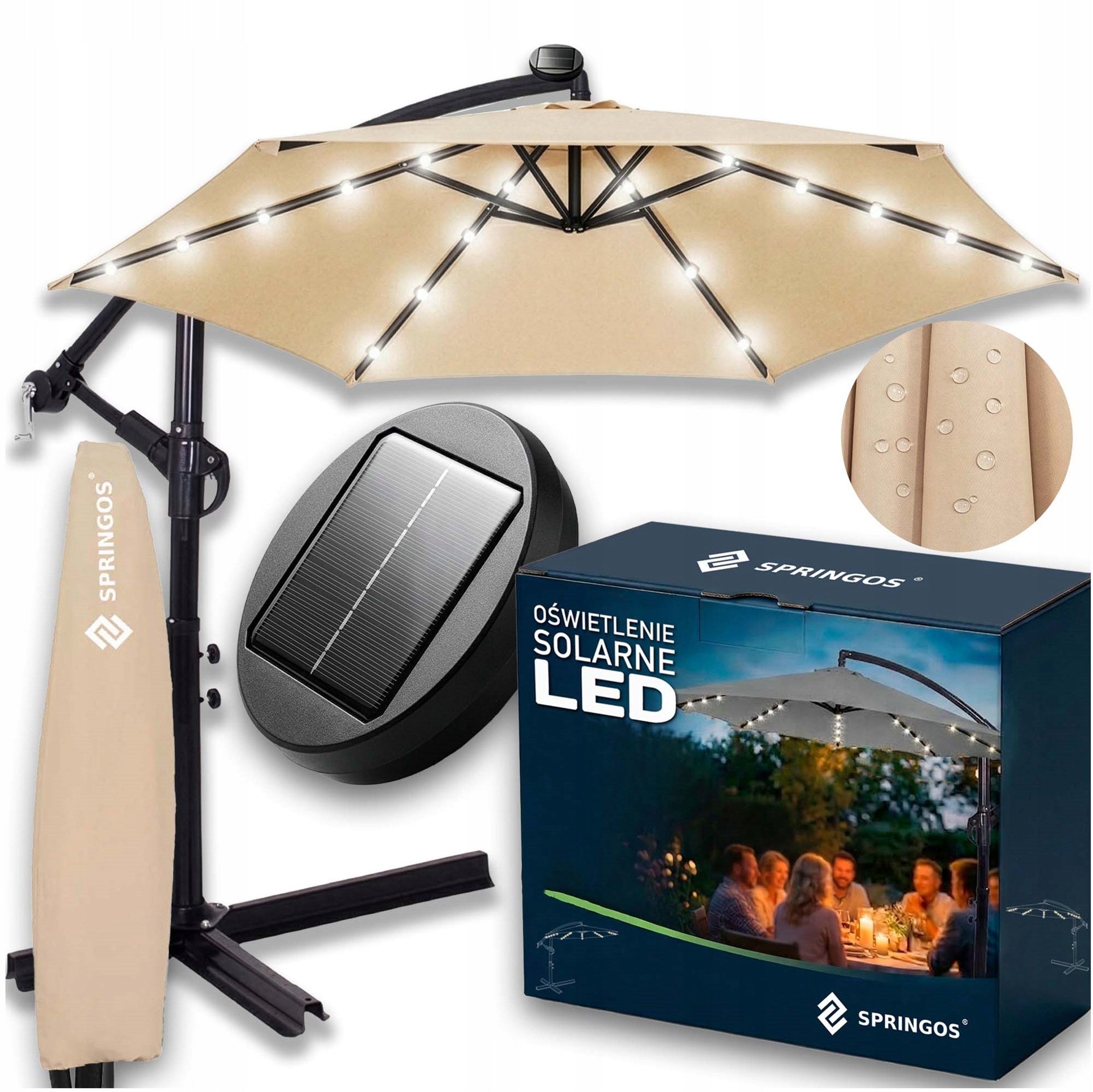 GARDEN UMBRELLA 300cm FOLDING LARGE LIGHTING 32 LED SOLAR + COVER