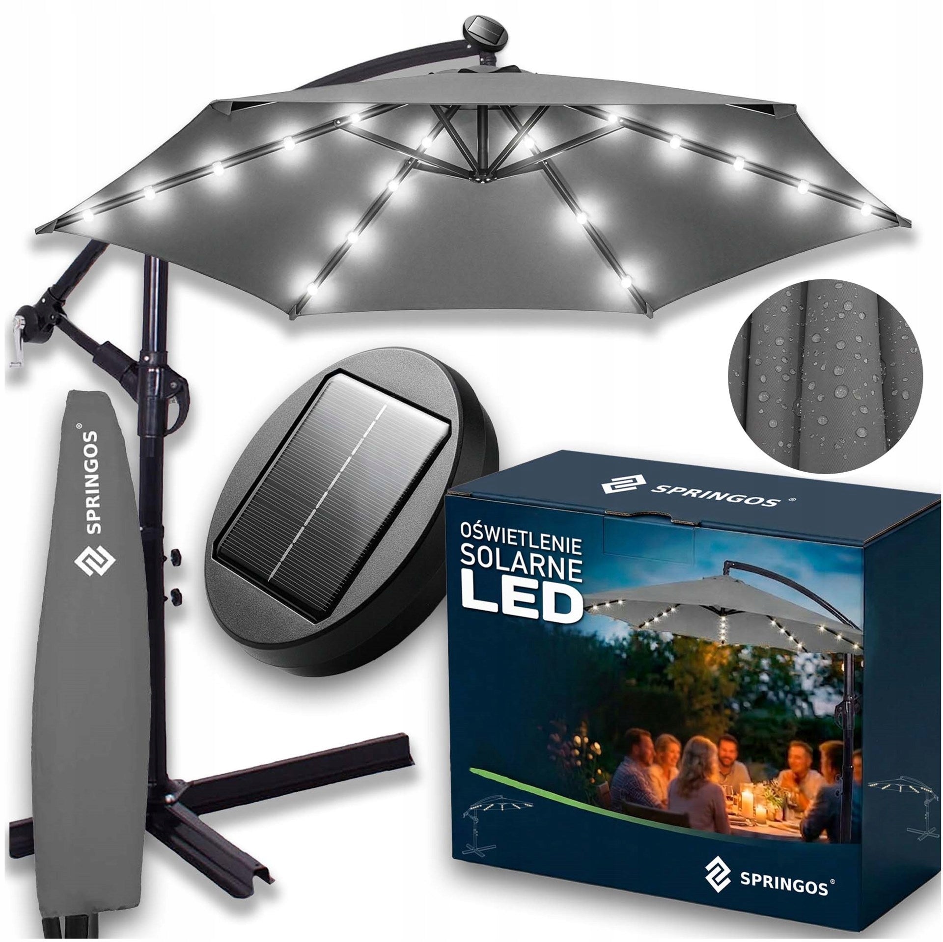 GARDEN UMBRELLA 300cm FOLDING LARGE LIGHTING 32 LED SOLAR + COVER