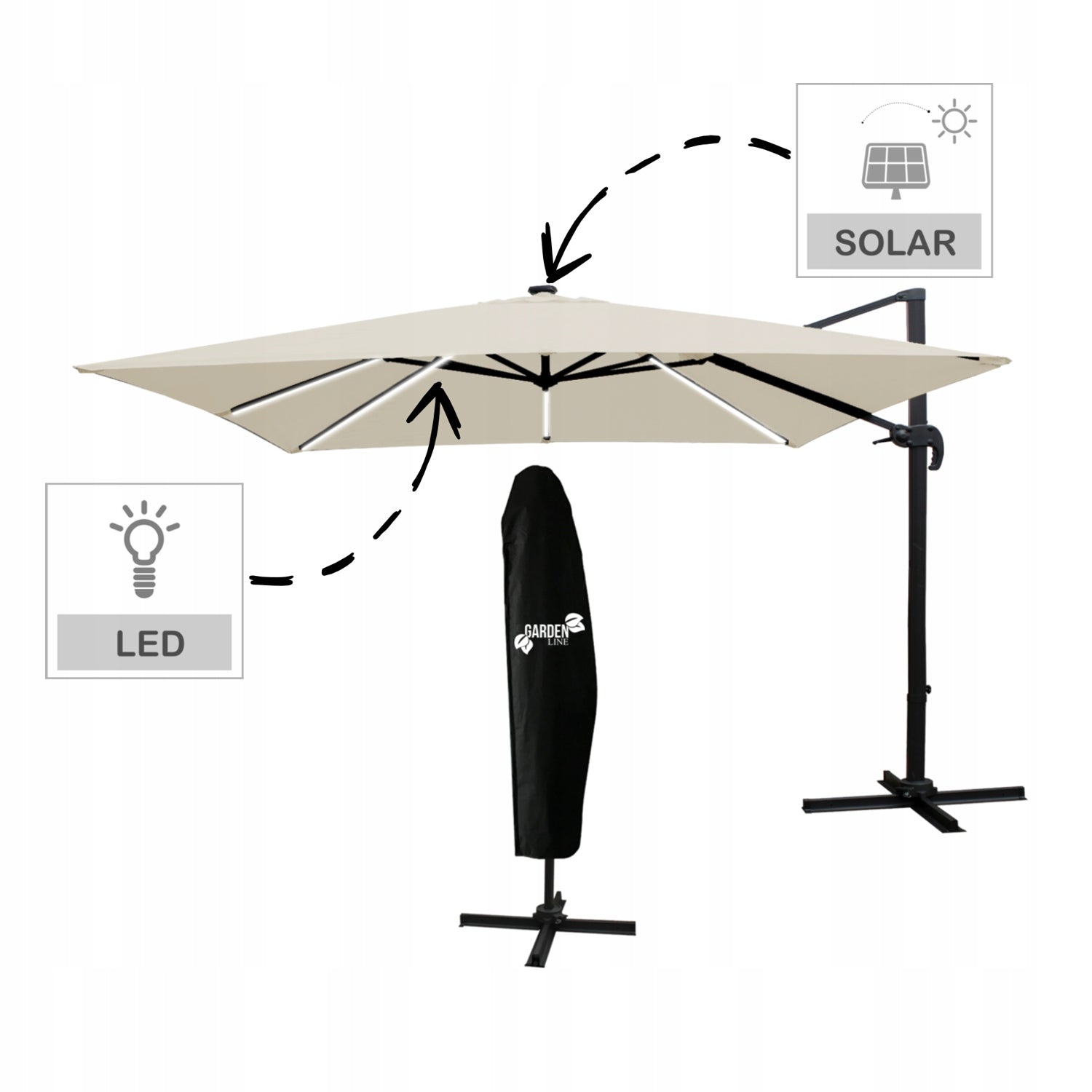 GARDEN UMBRELLA 3x4m BEIGE ROMA LED FOLDABLE LARGE LED + COVER Manufacturer code GAO9589