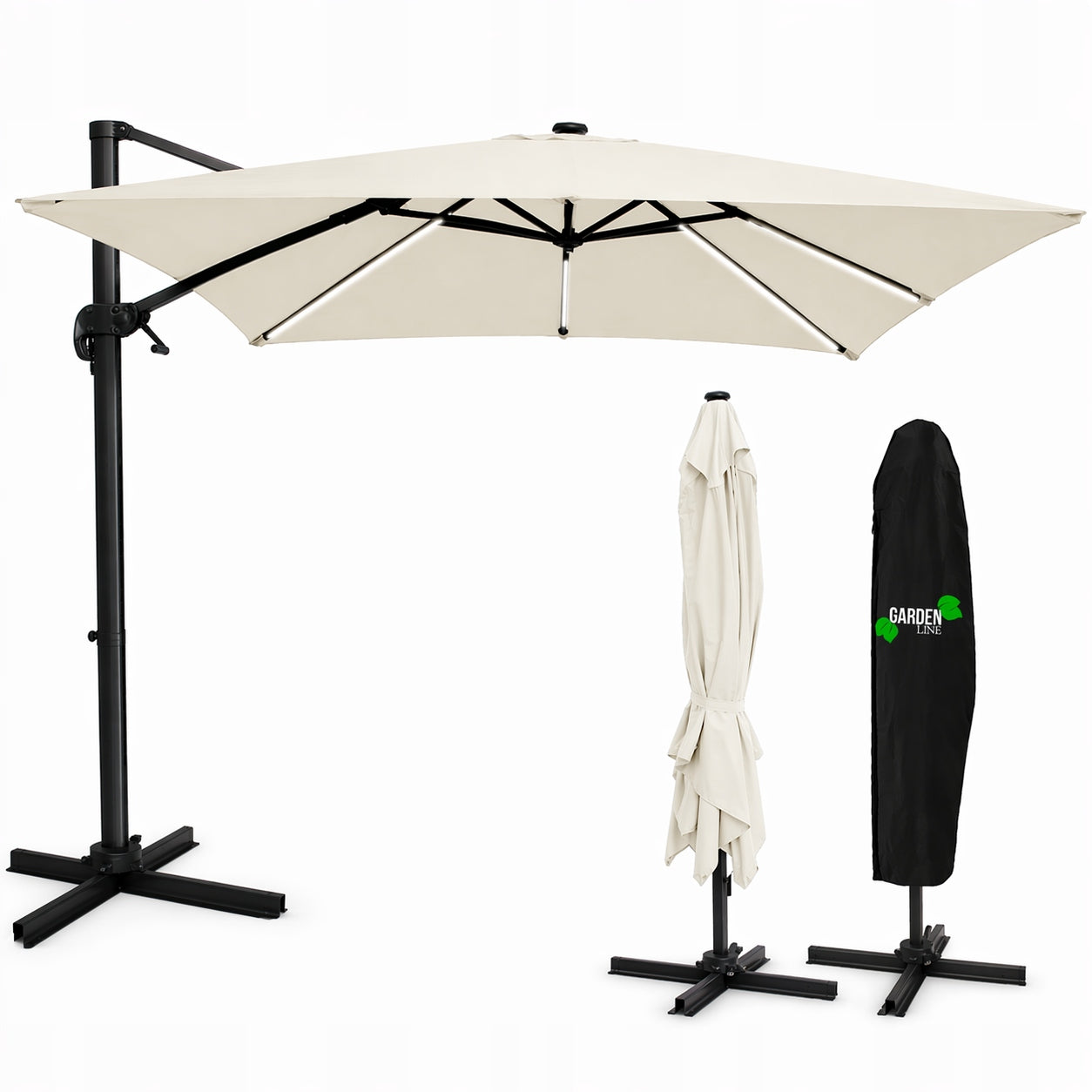 GARDEN UMBRELLA 3x4m BEIGE ROMA LED FOLDABLE LARGE LED + COVER