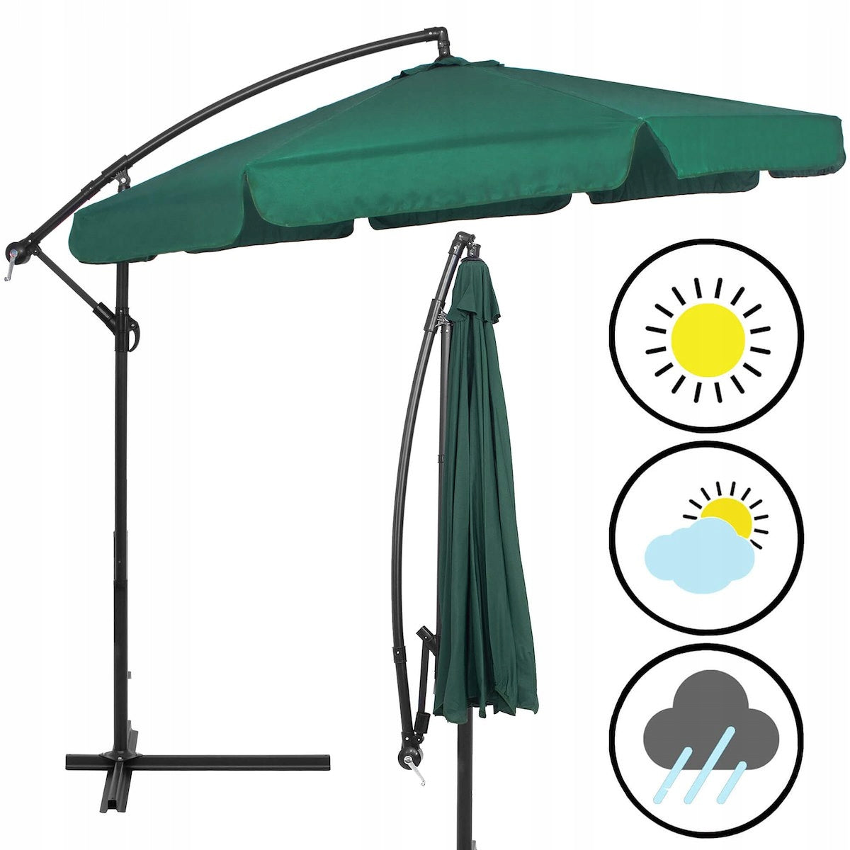 GARDEN UMBRELLA FOLDING LARGE WITH BOOM 350 cm ADJUSTABLE WATERPROOF Manufacturer code Solid Green - zielony z grubym materiałem