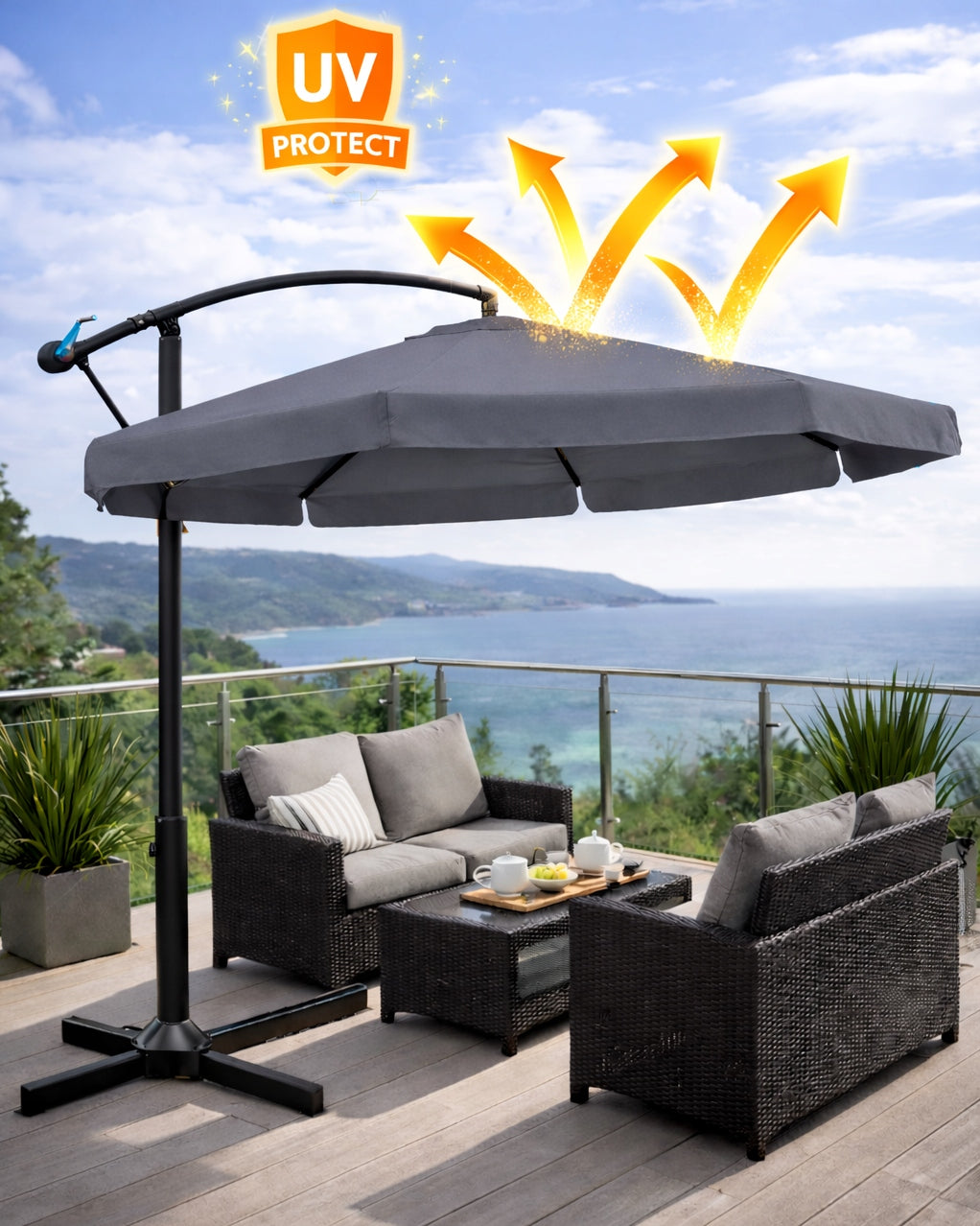 GARDEN UMBRELLA HIGH FOLDING 345cm ADJUSTABLE FRILL FOR TERRACE COVER Product weight with unit packaging 14.5 kg