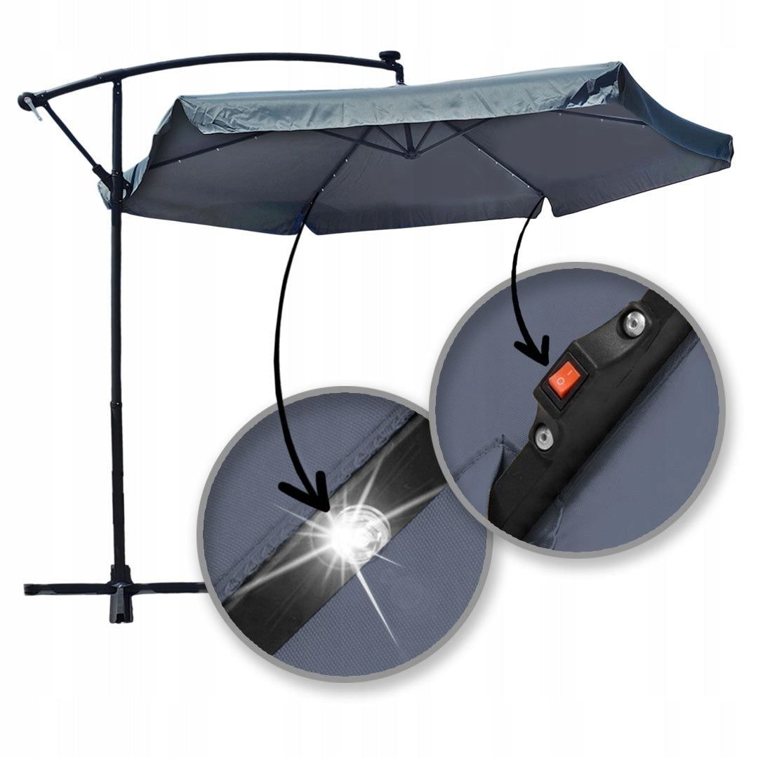 GARDEN UMBRELLA LARGE 350CM FOLDABLE WITH BOOM LED SOLAR LIGHTING Product height 262 cm