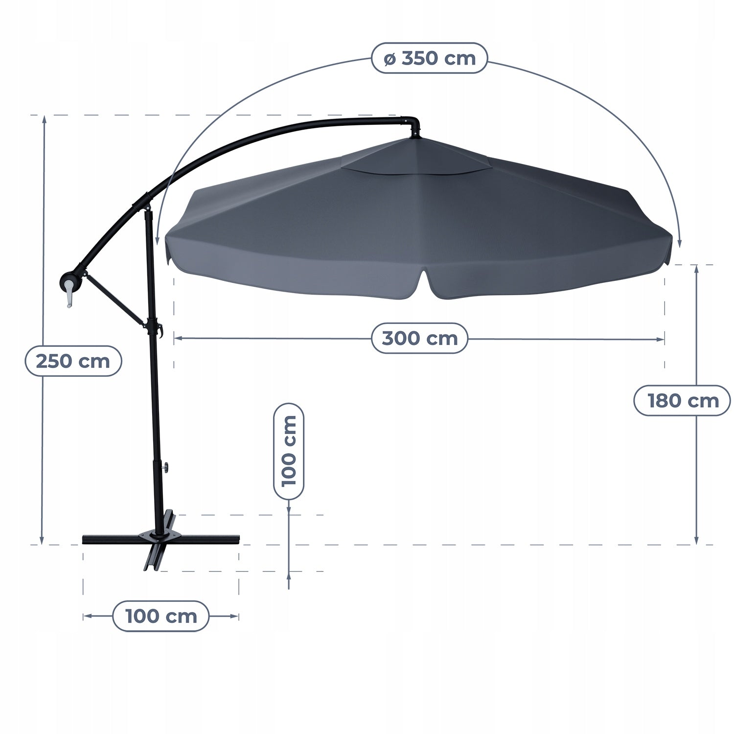 GARDEN UMBRELLA LARGE ADJUSTABLE WITH BOOM 350cm GREY + COVER Packaging status original