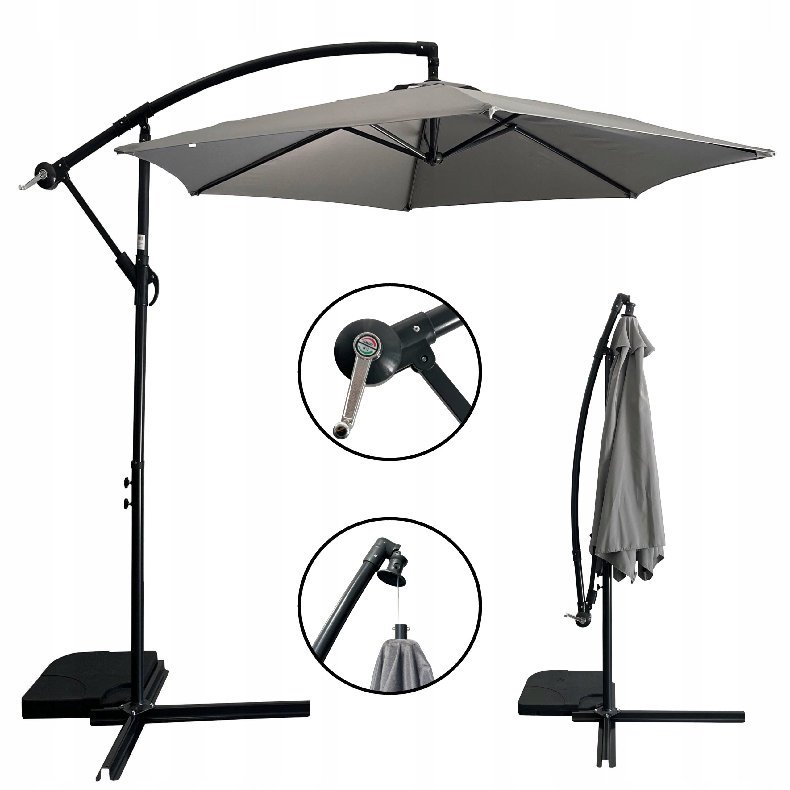 GARDEN UMBRELLA LARGE FOLDING SOLID STRONG WITH BOOM GREY
