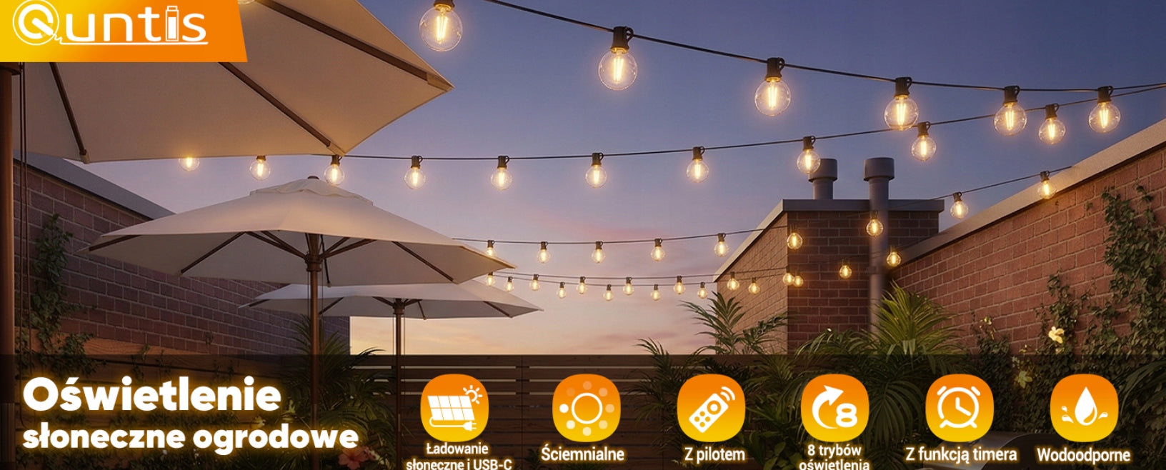 GARLAND SOLAR LIGHT CHAIN 12M 15+1 LED BULBS IP44 4 MODES + REMOTE CONTROL Packaging status original