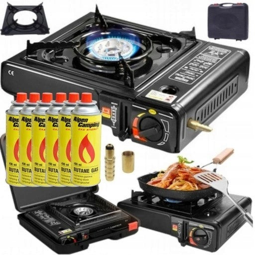 GAS COOKER ORDINARY TOURIST PORTABLE WITH REDUCER WITH SUITCASE +6x GAS