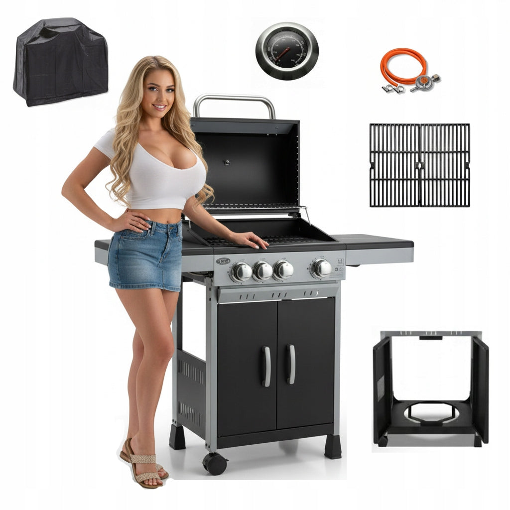 GAS GRILL DEKRAFT 3+1 BURNERS CAST IRON GRATE + COVER CYLINDER CABINET