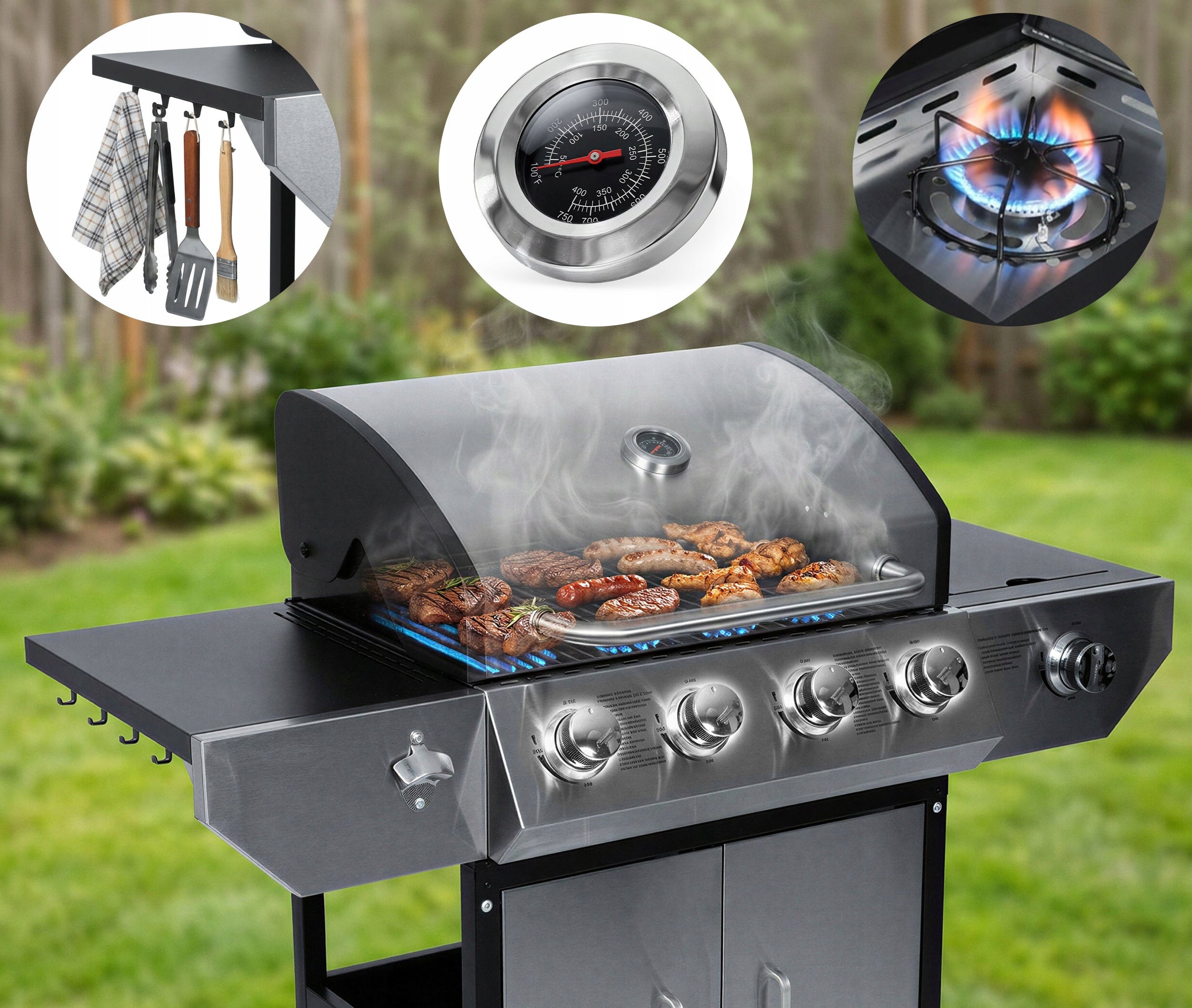 GAS GRILL GARDEN CAST IRON GRATE WITH COVER STRONG 4+1 BURNERS THERMOMETER Grill width 126.5 cm