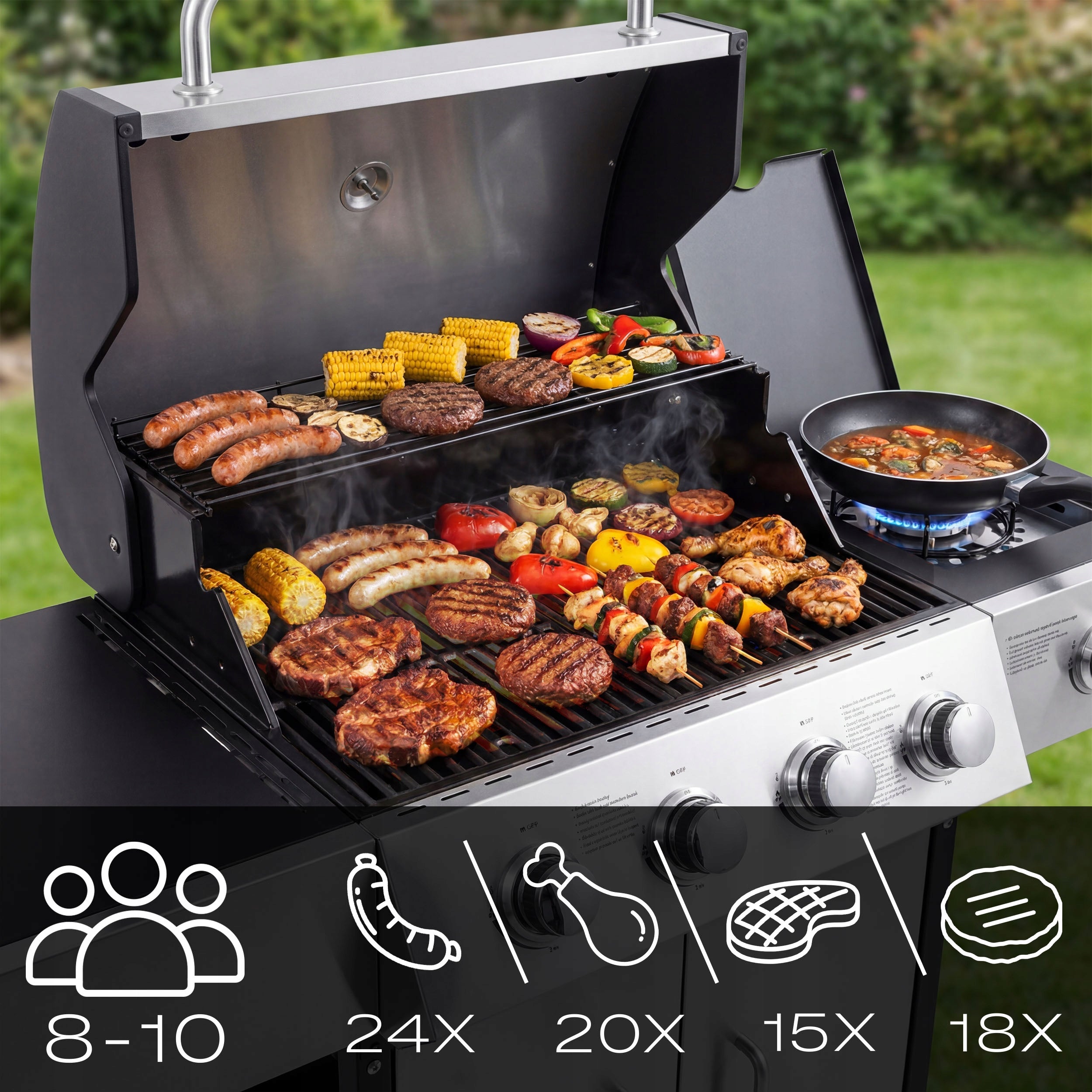 GAS GRILL GARDEN CAST IRON GRATE WITH COVER STRONG 4+1 BURNERS THERMOMETER Manufacturer code 389600