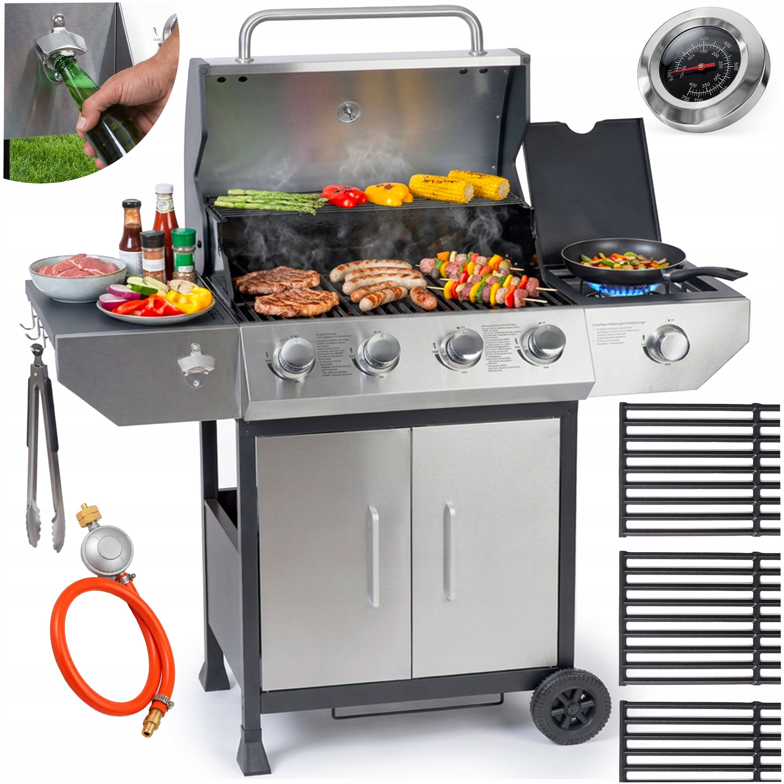 GAS GRILL GARDEN CAST IRON GRATE WITH COVER STRONG 4+1 BURNERS THERMOMETER