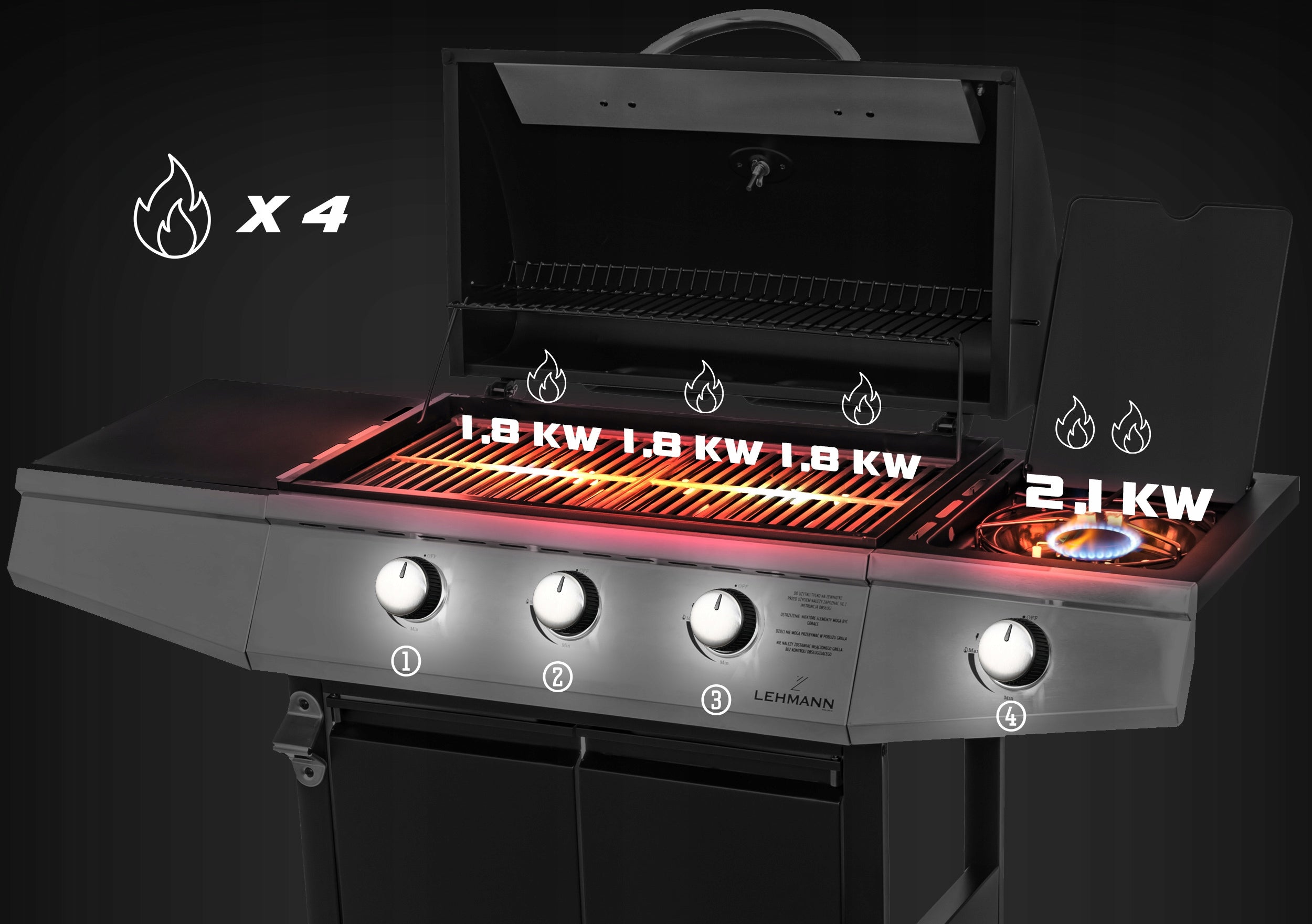 GAS GRILL GARDEN CAST IRON STAINLESS STEEL GRATE LEHMANN TEXAS 3+1 COVER Power 8.4 kW
