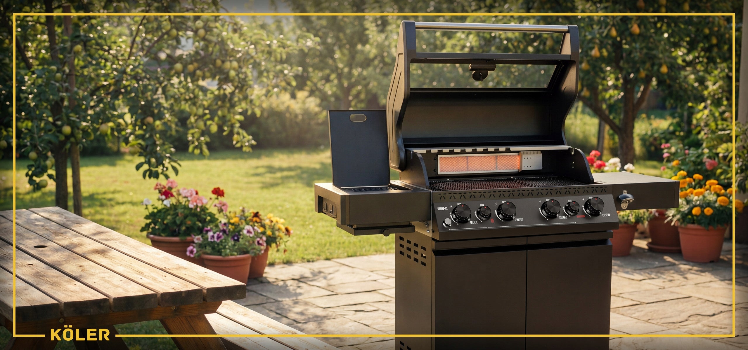 GAS GRILL Koler Krone S1 21,6 kW 4+2 STAINLESS CAST IRON GLASS Black Grill width 144 cm