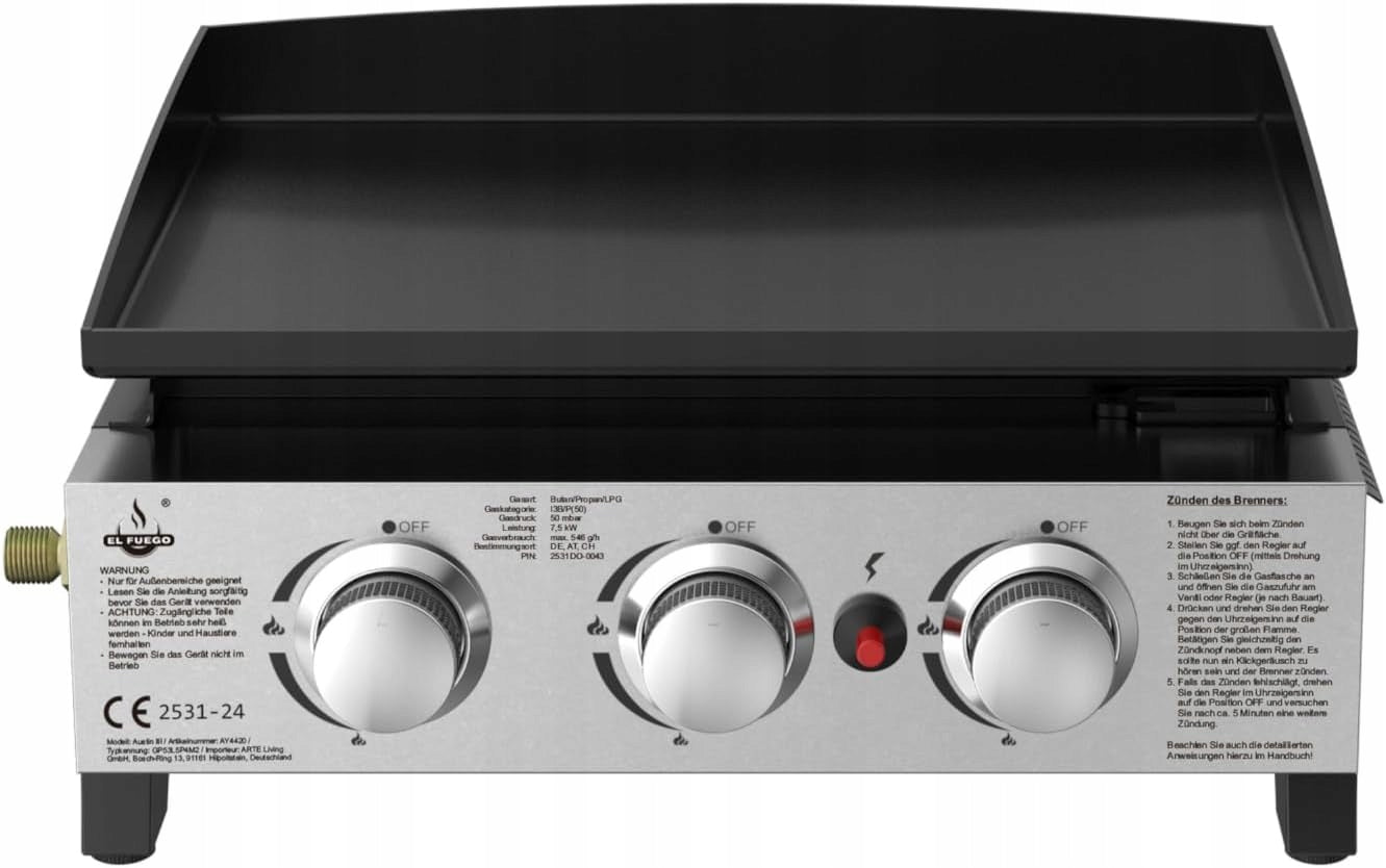 GAS GRILL TABLE EL FUEGO AUSTIN III 7,5kW 45x34cm CAST IRON PLATE STRONG! Grill depth 48 cm
