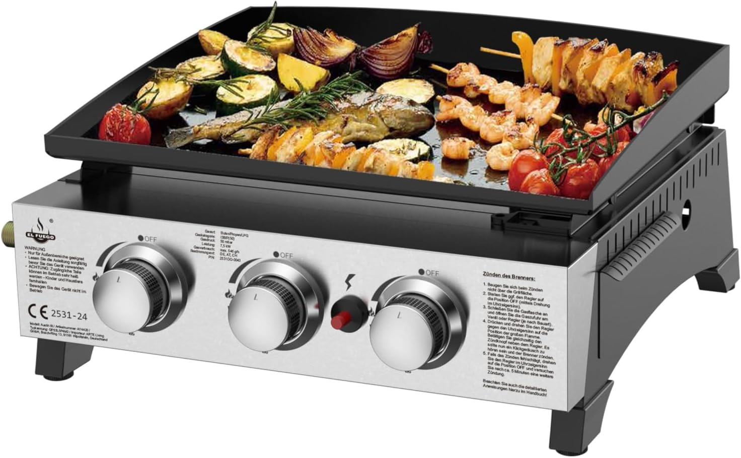 GAS GRILL TABLE EL FUEGO AUSTIN III 7,5kW 45x34cm CAST IRON PLATE STRONG! Number of burners 3