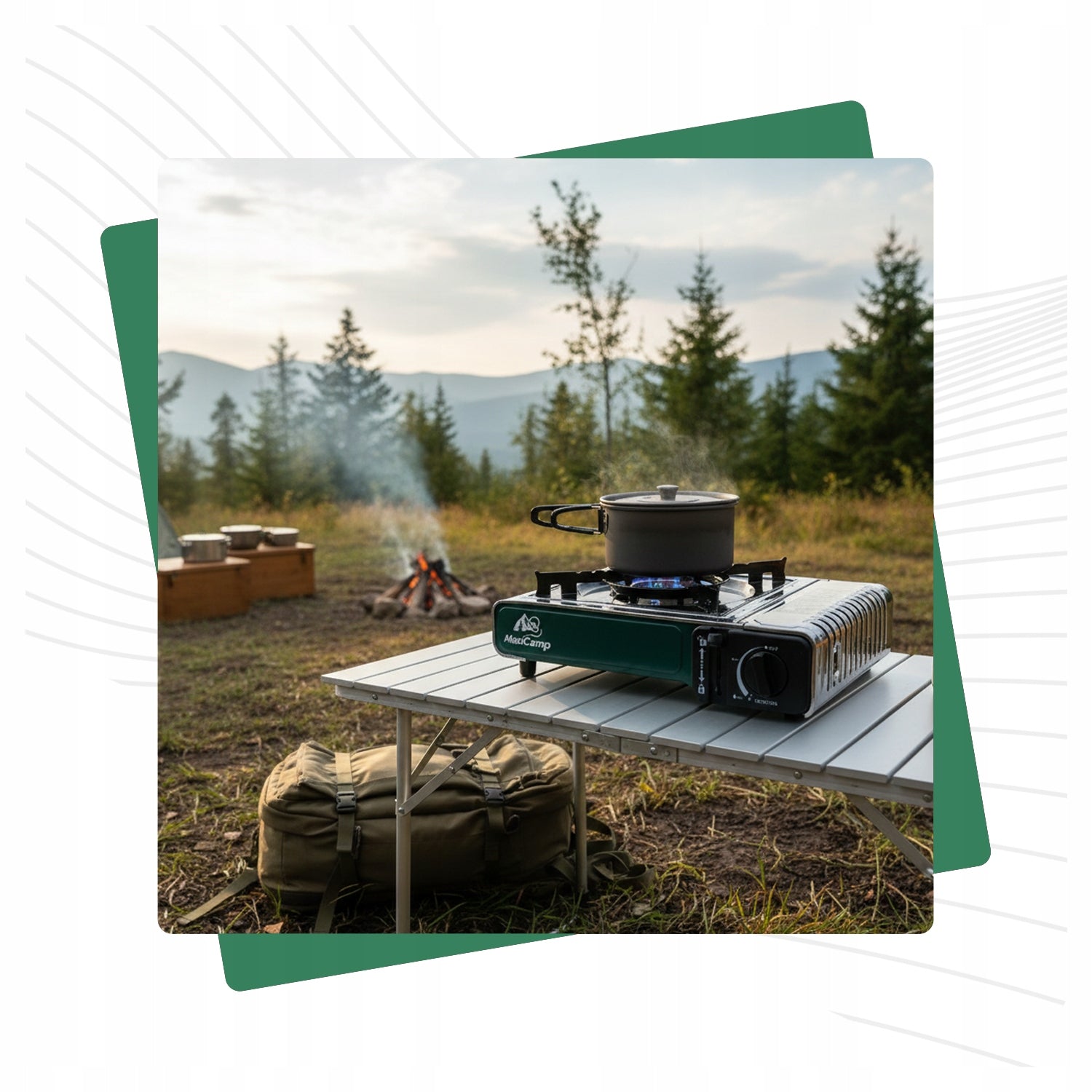 GAS TOURIST COOKER + CARTRIDGE x4 STAINLESS STEEL Safety System Manufacturer code Kuchenka gazowa INOX zielona 4 kartusze gaz