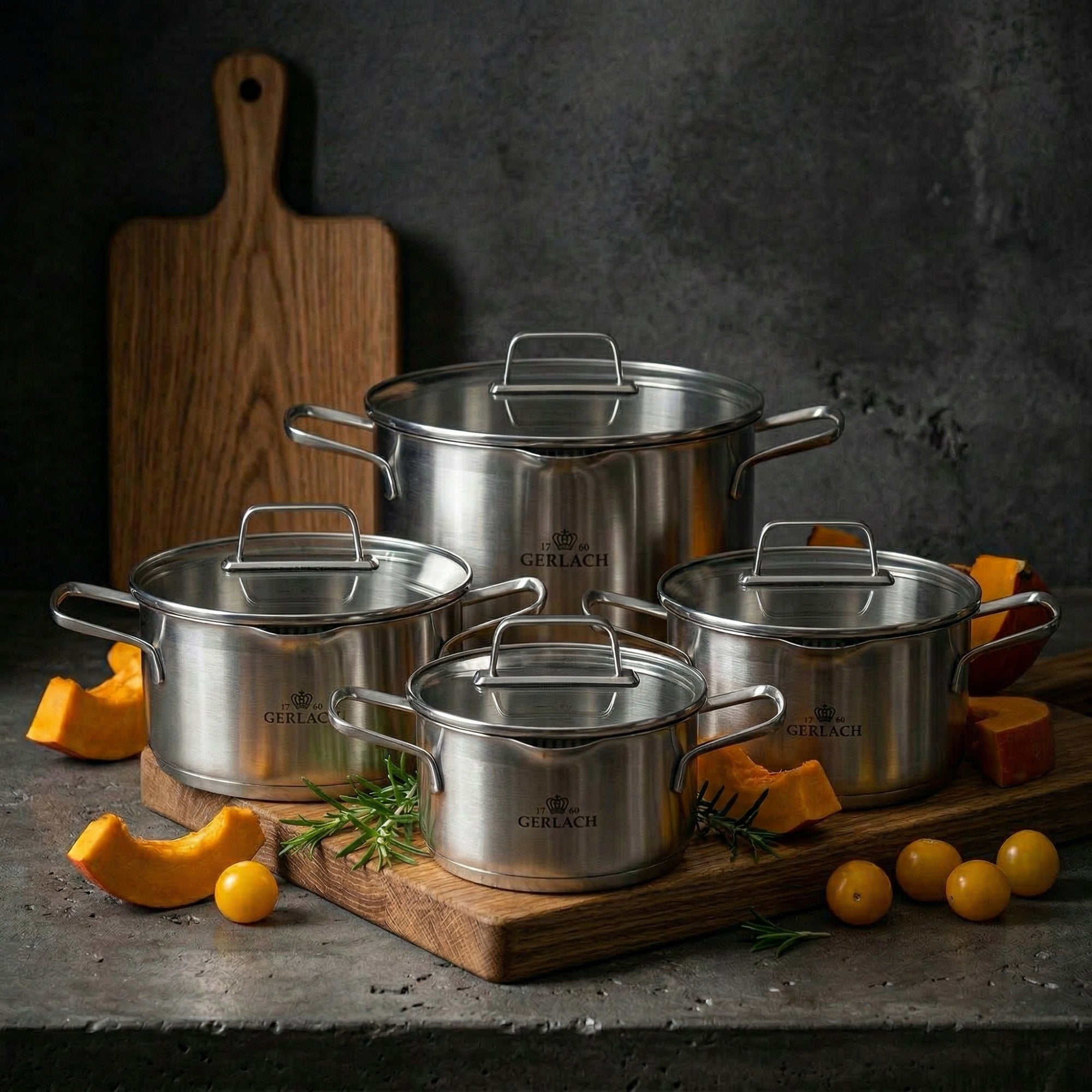 GERLACH AMBIENTE Set of pots with lids 8 el. / stainless steel Manufacturer code 983K8