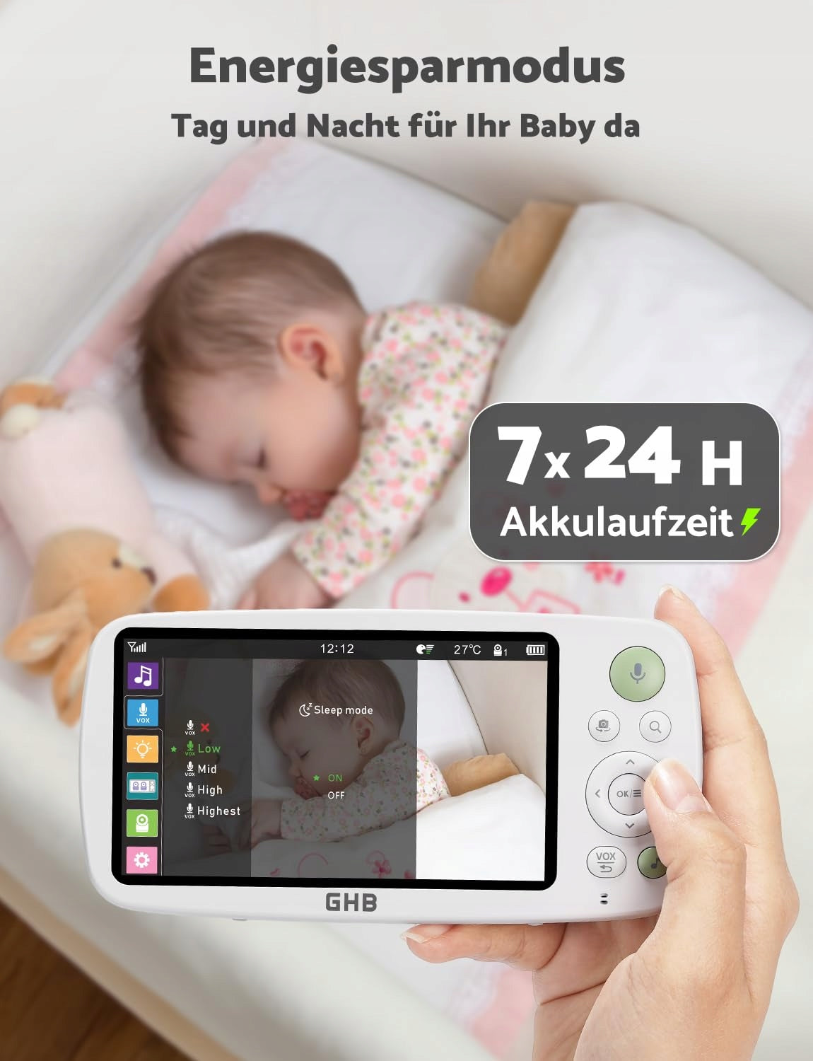 GHB Baby Monitor Camera 5" HD 1080P 4000mAh VOX 4xZoom 300m Brand GHB
