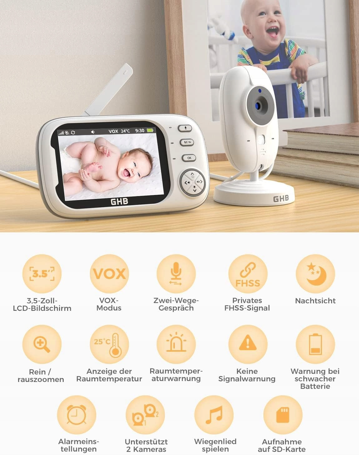 GHB Baby Monitor Electronic Camera 35 Inch VOX Night Vision Mode Packaging status original