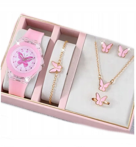 GIRL'S WATCH WITH STRAP GLOWING + JEWELRY BUTTERFLY PINK 1714