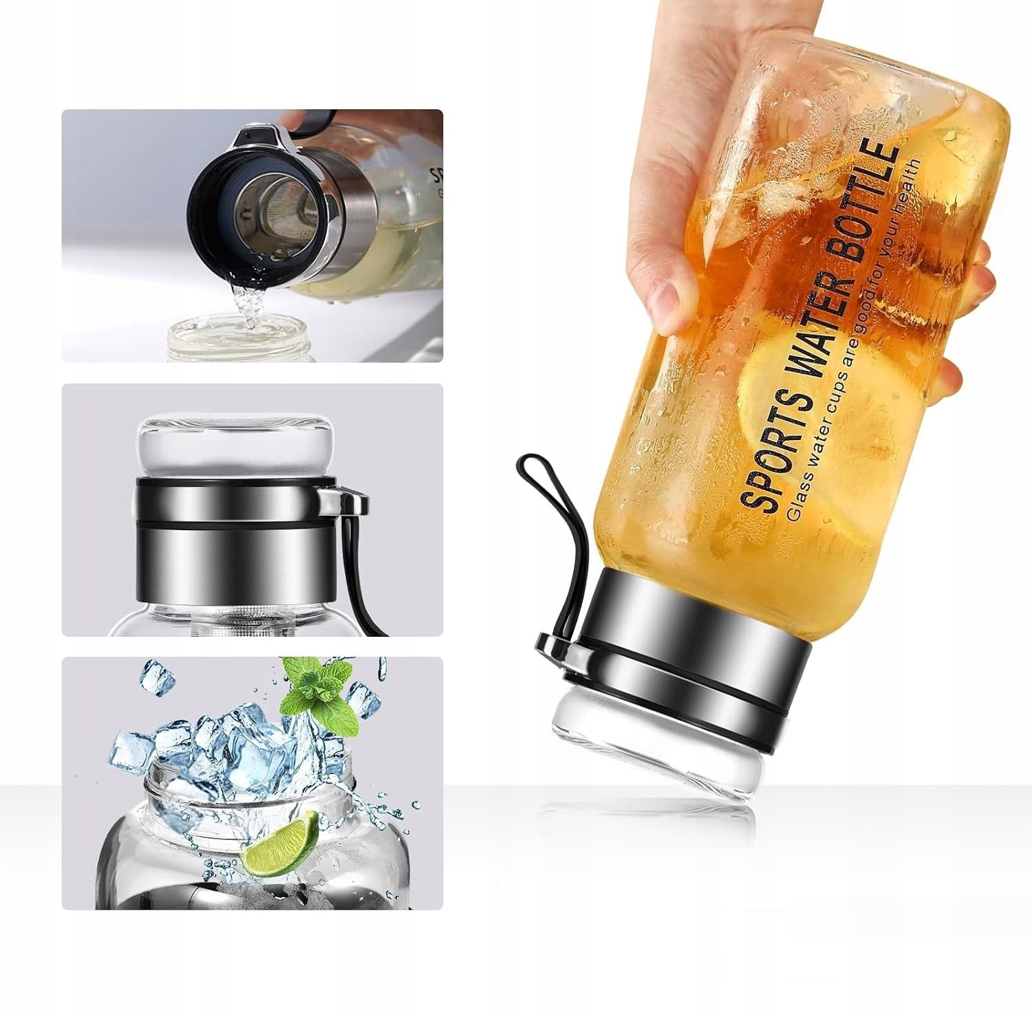 GLASS BOTTLE WITH COVER WATER BOTTLE CAP 1 L SEALED WITH HANDLE Packaging status original