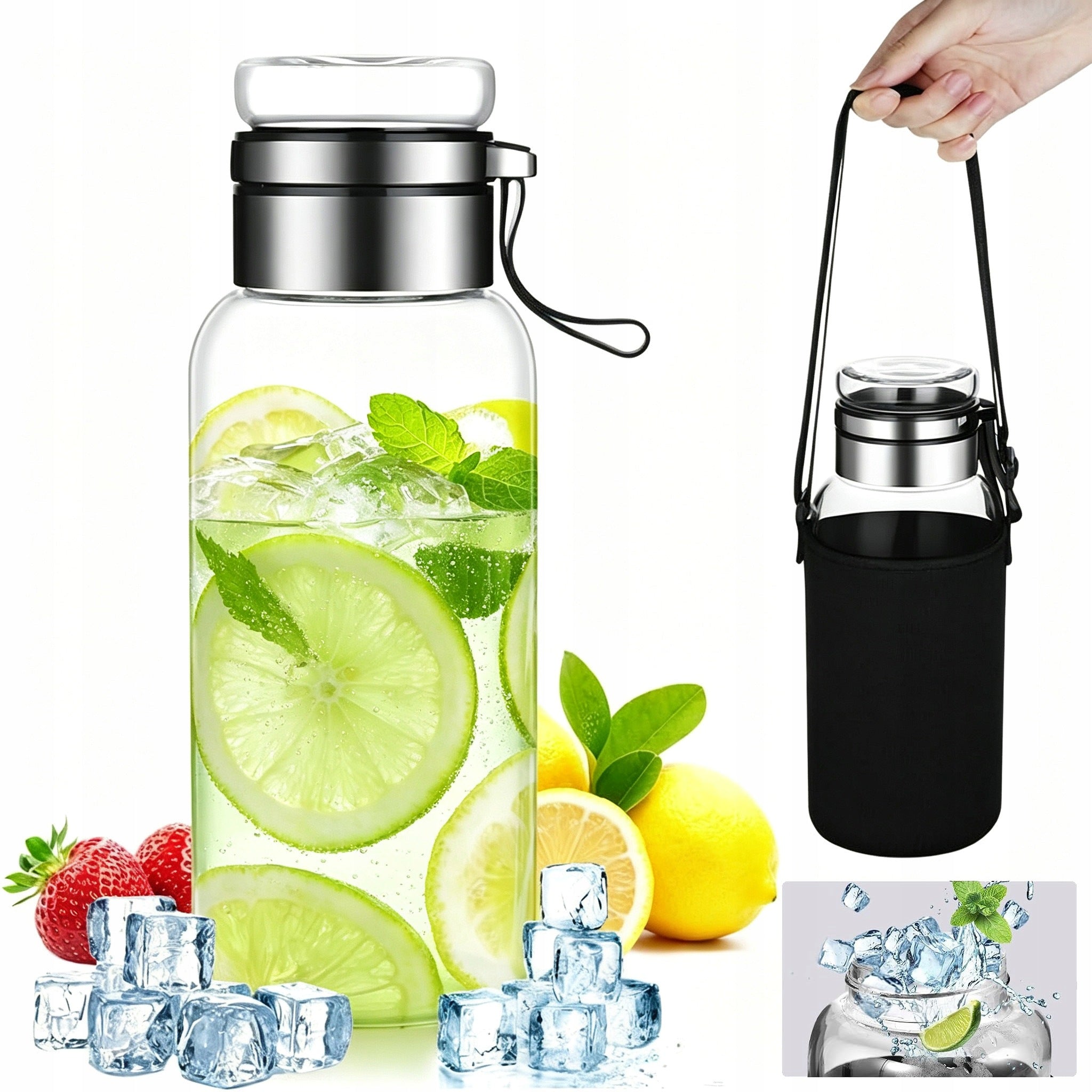 GLASS BOTTLE WITH COVER WATER BOTTLE CAP 1 L SEALED WITH HANDLE