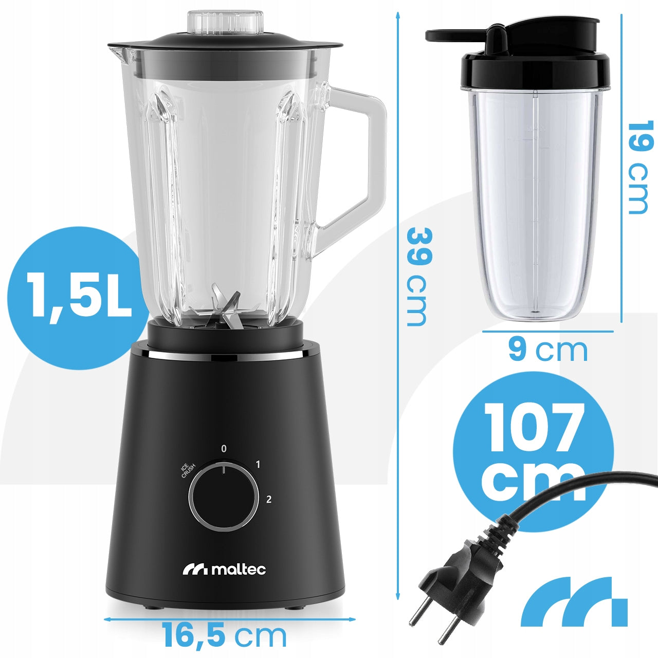 GLASS CUP BLENDER FOR SMOOTHIE COCKTAILS 1500ML BOTTLE 500ML Brand Maltec