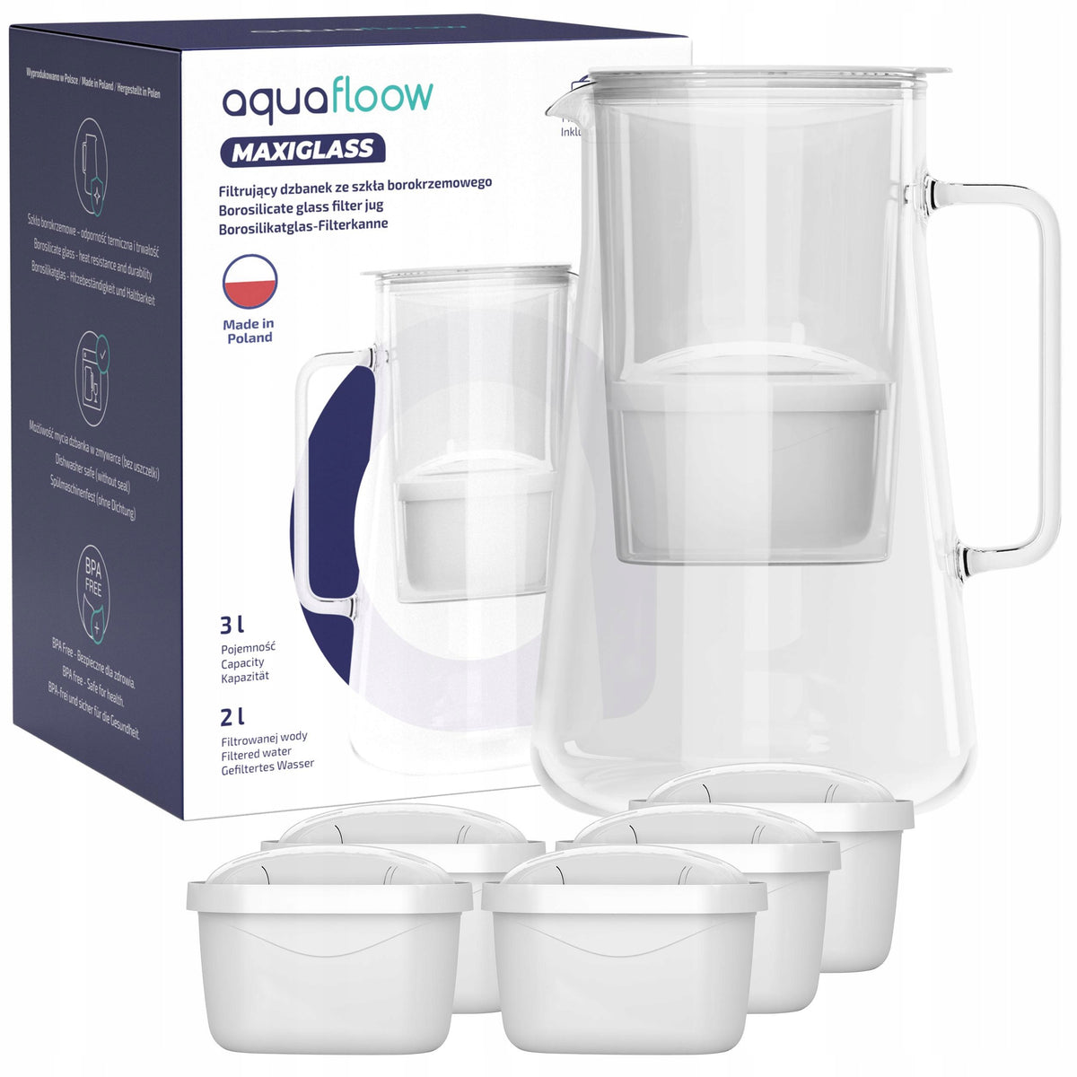 GLASS FILTER JUG AquaFloow MaxiGlass 3l + 6x MAXI FILTER