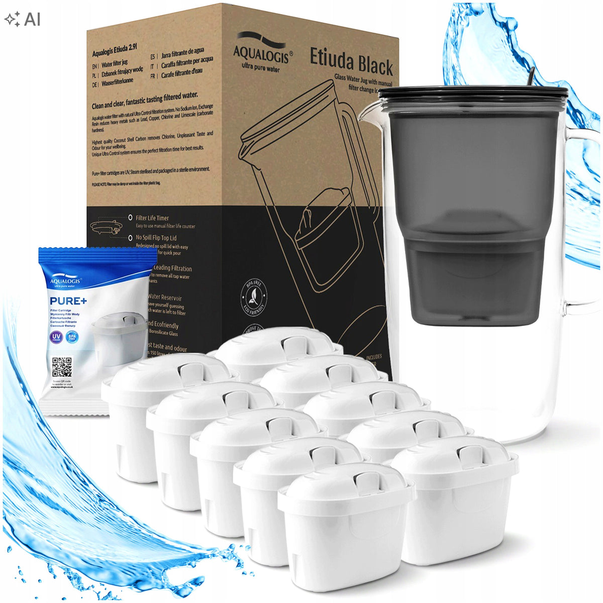 GLASS FILTER JUG ETIUDA BLACK + 10 x PURE+ REPLACEABLE CARTRIDGES