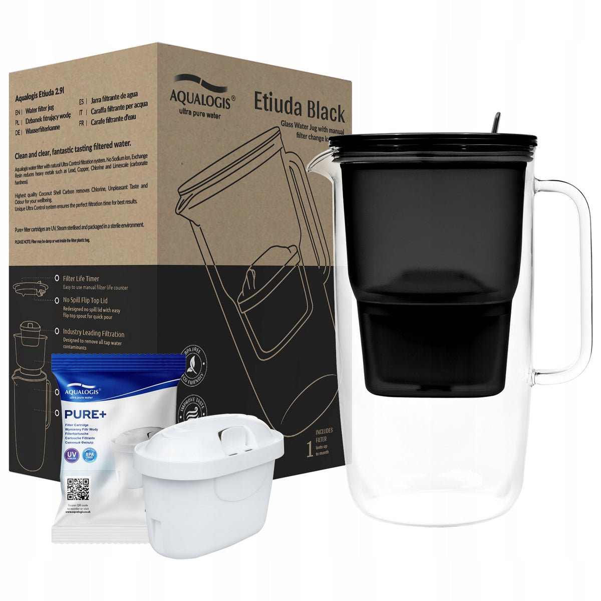 GLASS FILTER JUG ETUDE BLACK 2.9L AQUALOGIS + CARTRIDGE Packaging status original