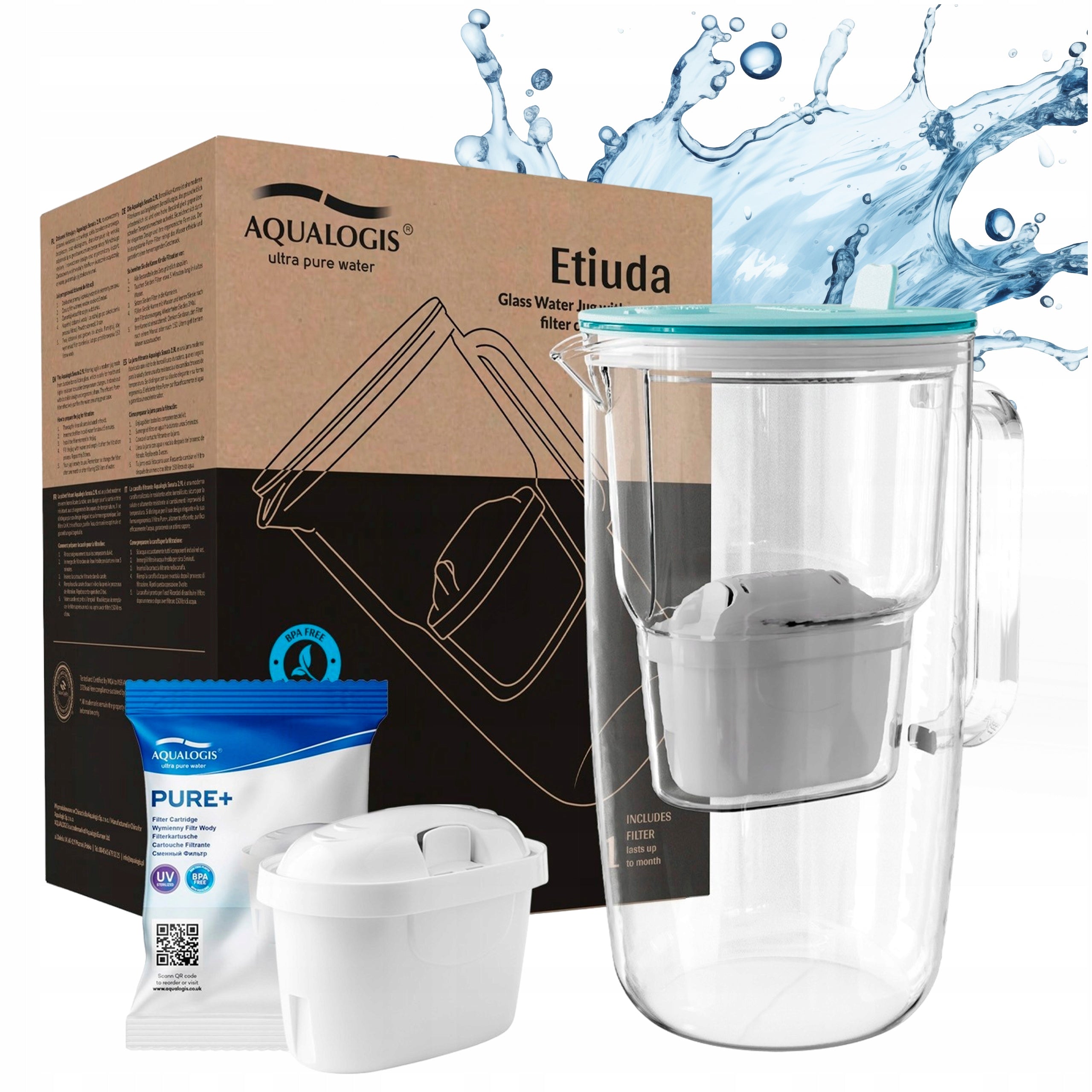 GLASS FILTER JUG ETUDE BLUE AQUALOGIS + CARTRIDGE 2.9L