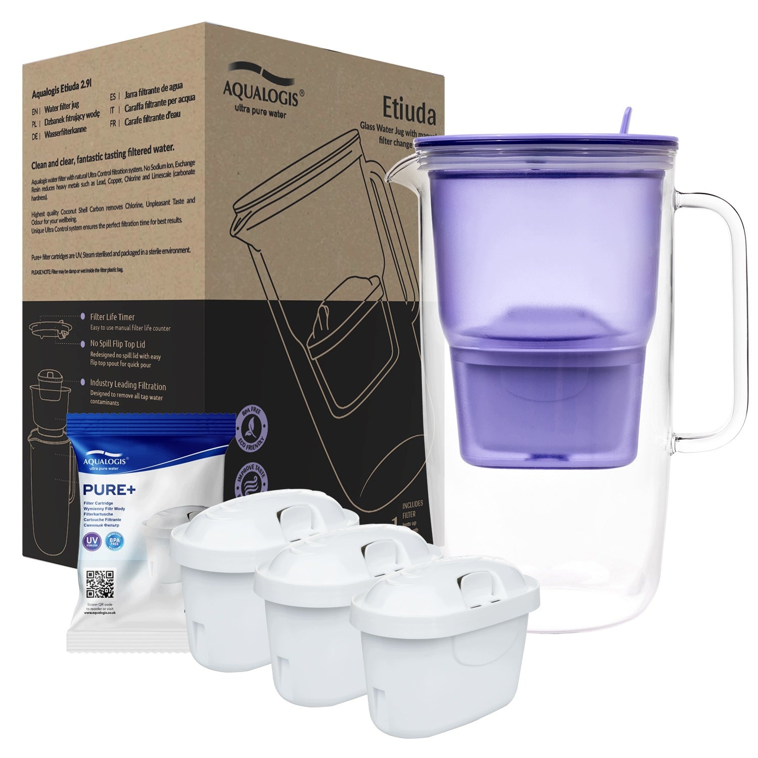 GLASS FILTER JUG LAVENDER BOROSILICATE ETUDES + 3x PURE+ CARTRIDGE Packaging status original
