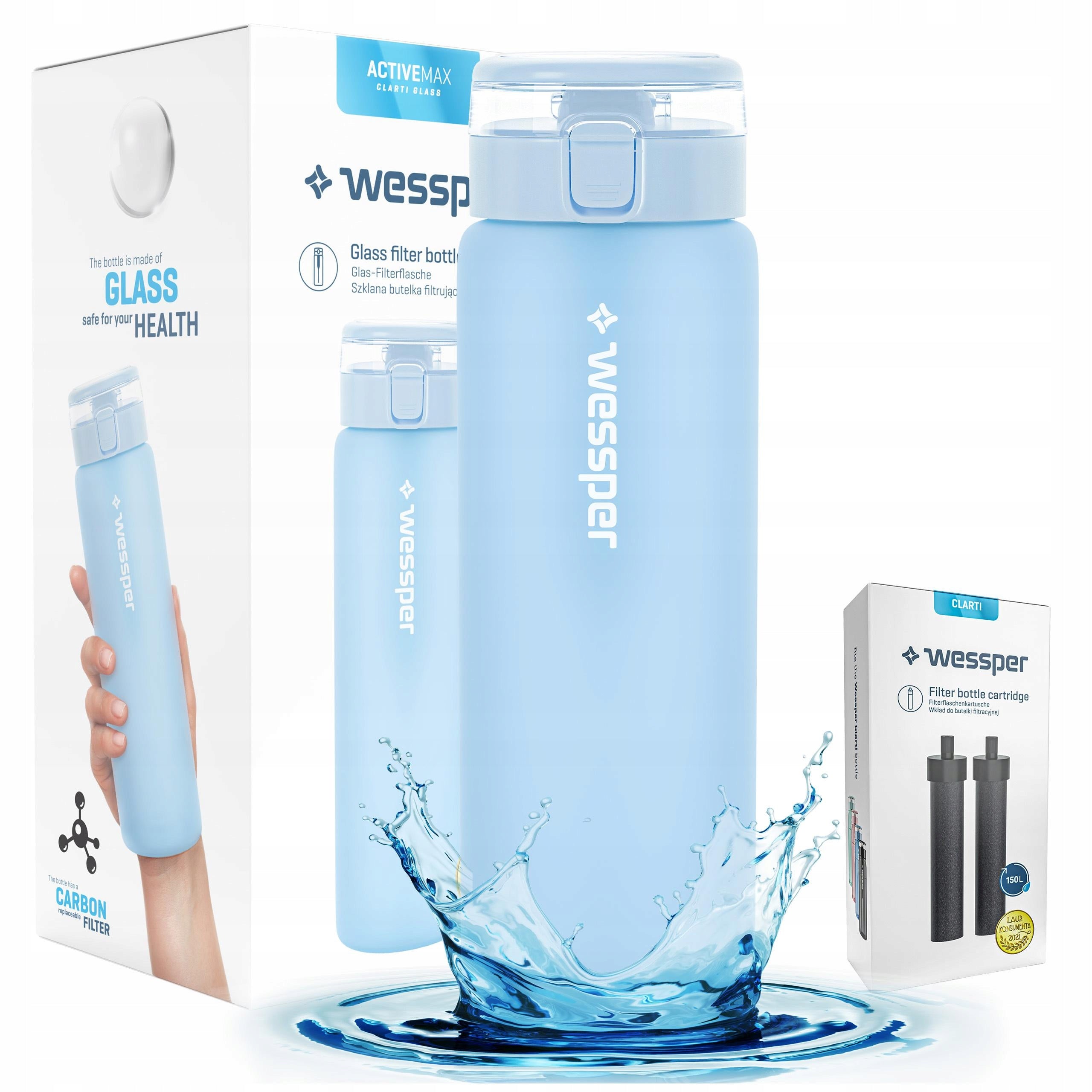 GLASS Filter bottle Wessper ActiveMax 0,68l blue + 3x Filter