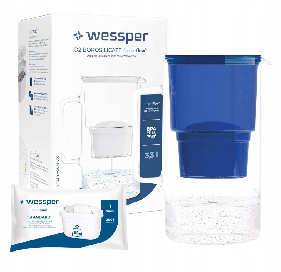GLASS Filter jug 3l WESSPER D2 BOROSILICATE BLUE + CARTRIDGE