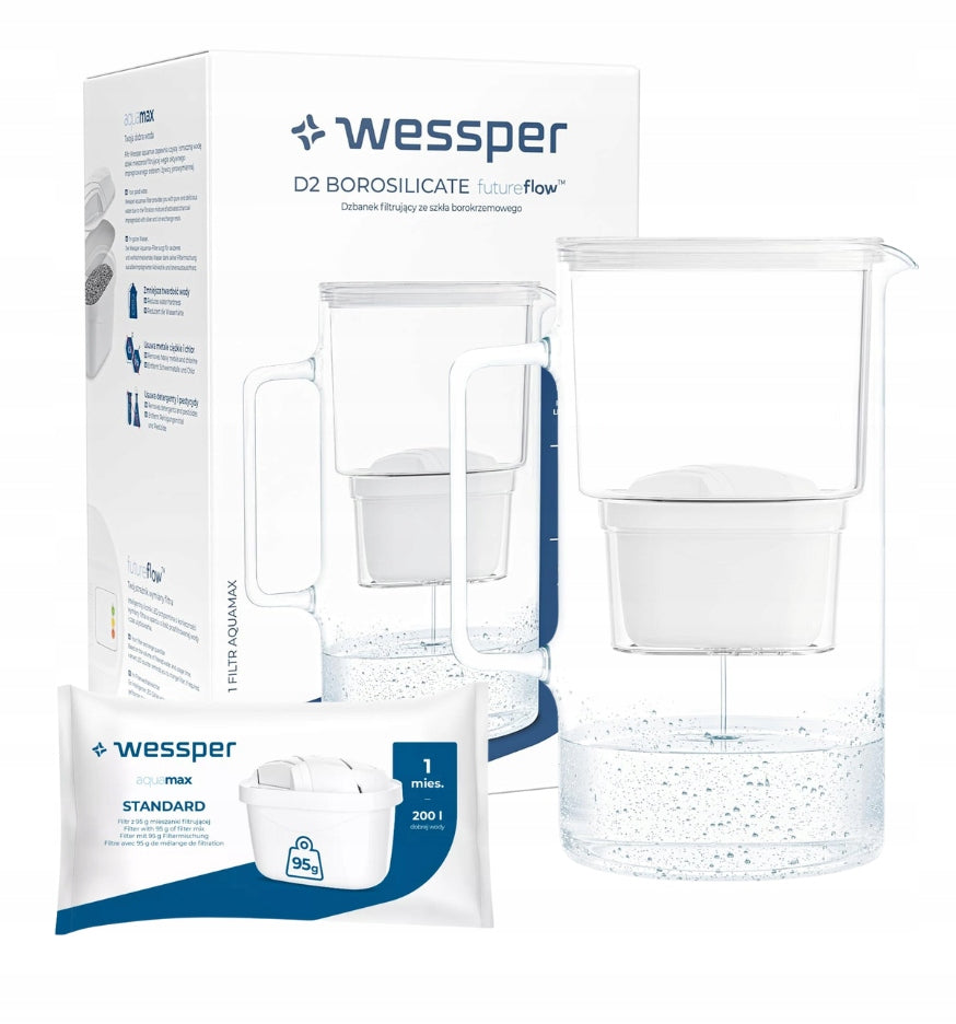 GLASS Filter jug 3l WESSPER D2 BOROSILICATE WHITE + CARTRIDGE