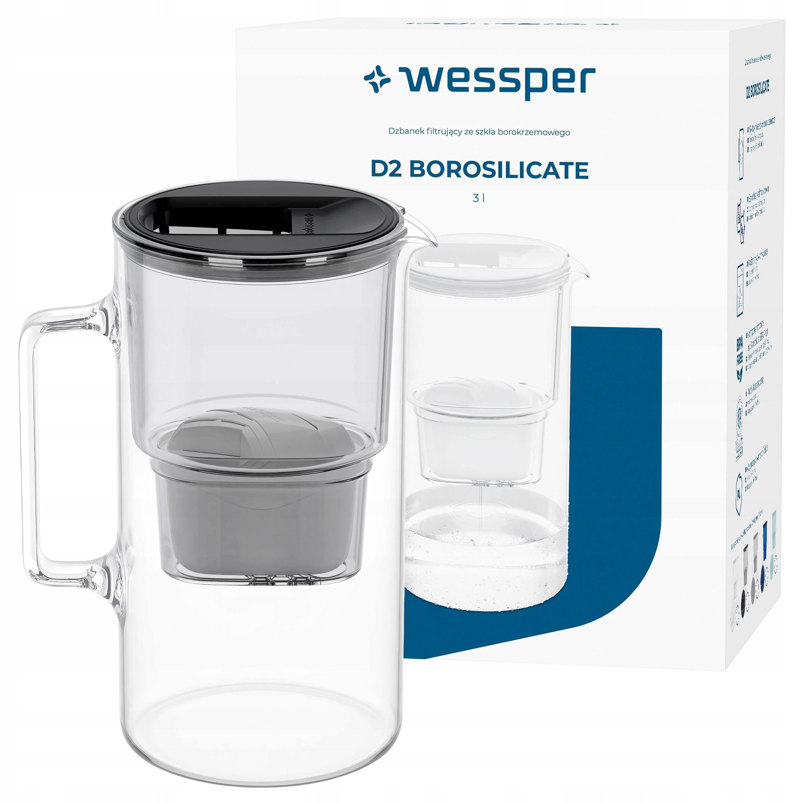 GLASS JUG WESSPER D2 BOROSILICATE 3l + 1x FILTER WATER CARTRIDGE WESSPER