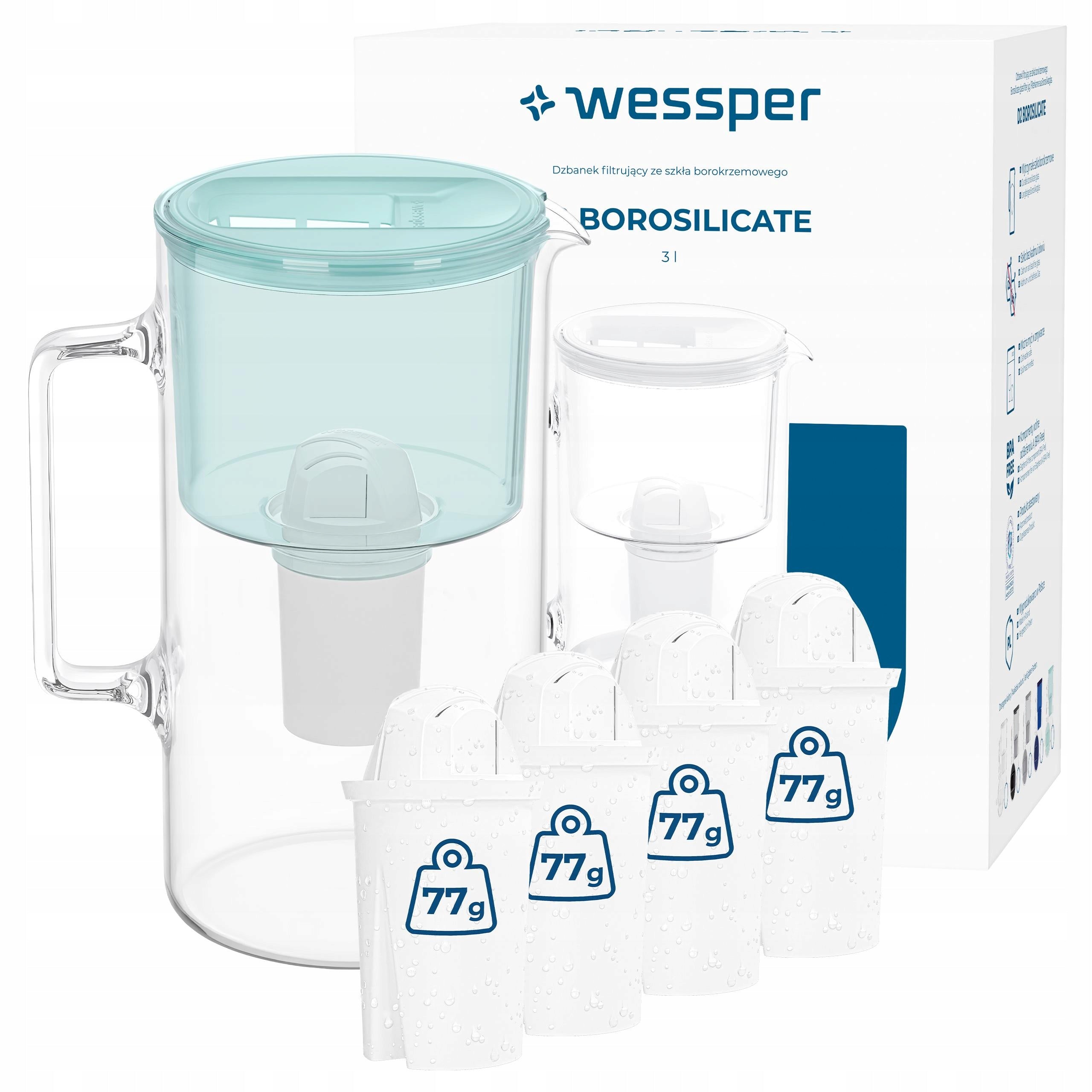 GLASS JUG WESSPER D2 BOROSILICATE 3l + 5x Filter Wessper aquaclassic
