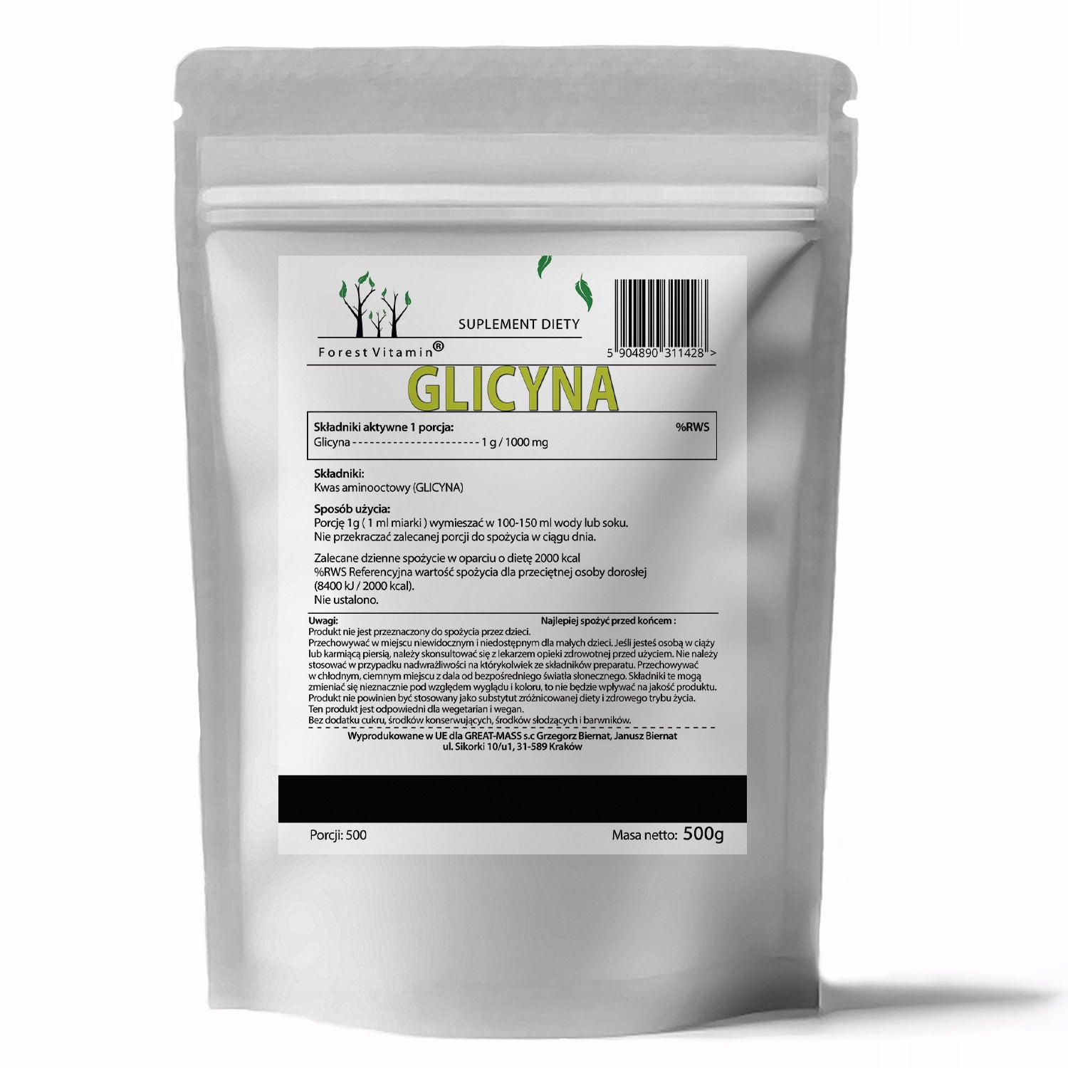 GLYCINE 500g STRONG WORKS SLEEP MEMORY SKIN STRESS JOINTS 500 SERVINGS + SCOOP Additional features protect from light pure (without additives)
