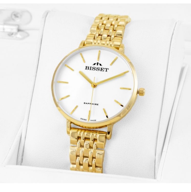 GOLD SWISS WOMEN'S WATCH BISSET BSBF32 SAPPHIRE GLASS SLIM 33mm Brand Bisset