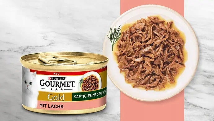 GOURMET Gold Saftig-Feine juicy strips with SALMON can 85g DE Brand Gourmet